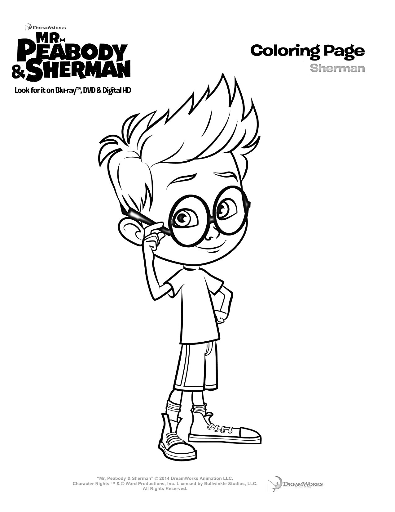 Мистер Пибоди и Шерман - раскраска с Шерманом, мальчик в очках и кроссовках на одной ноге, стоит с поднятой рукой к щекам, надписи 