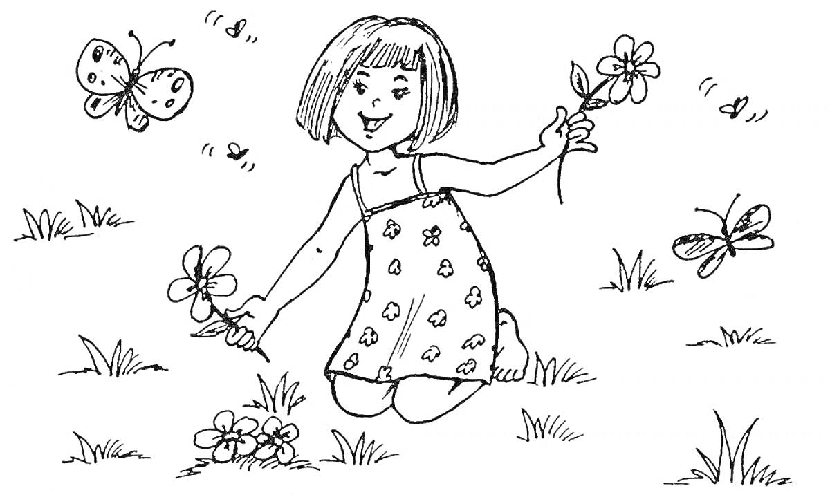 На раскраске изображено: Девочка, Цветы, Поляна, Наряд, Природа, Трава, Бабочка