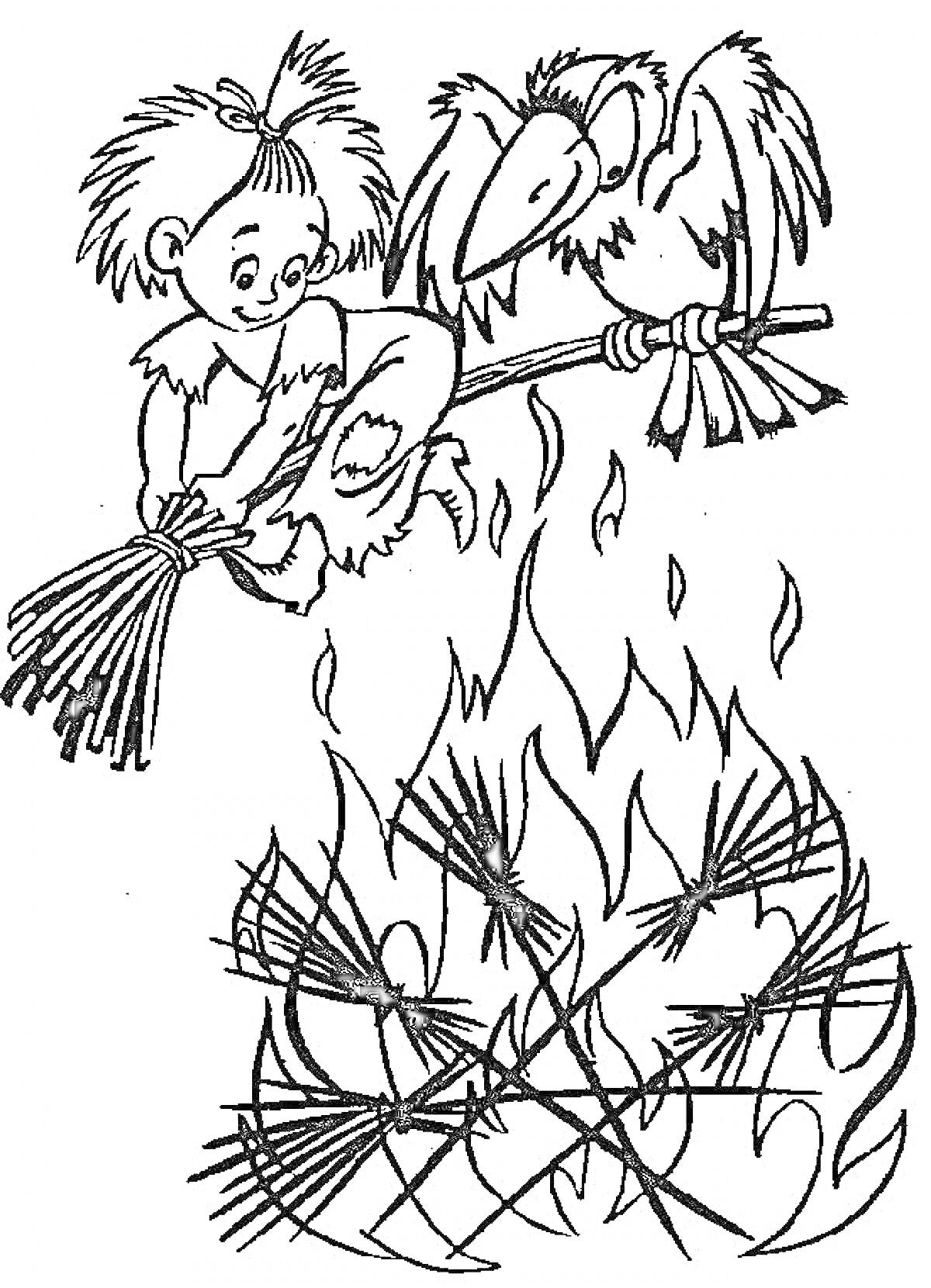 Раскраска Мальчик и ворона сидят на ветке над костром