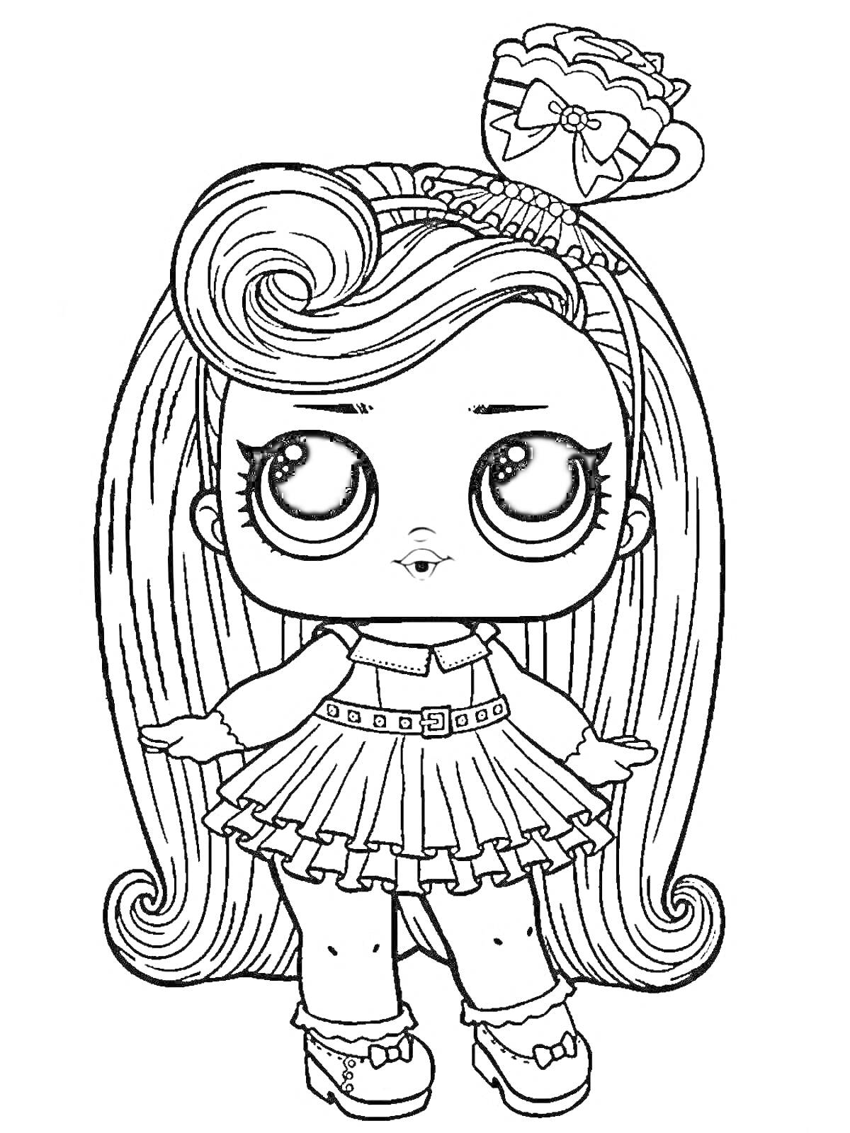 Раскраска кукла LOL с длинными волосами, ободком с бантом, в платье и туфлях