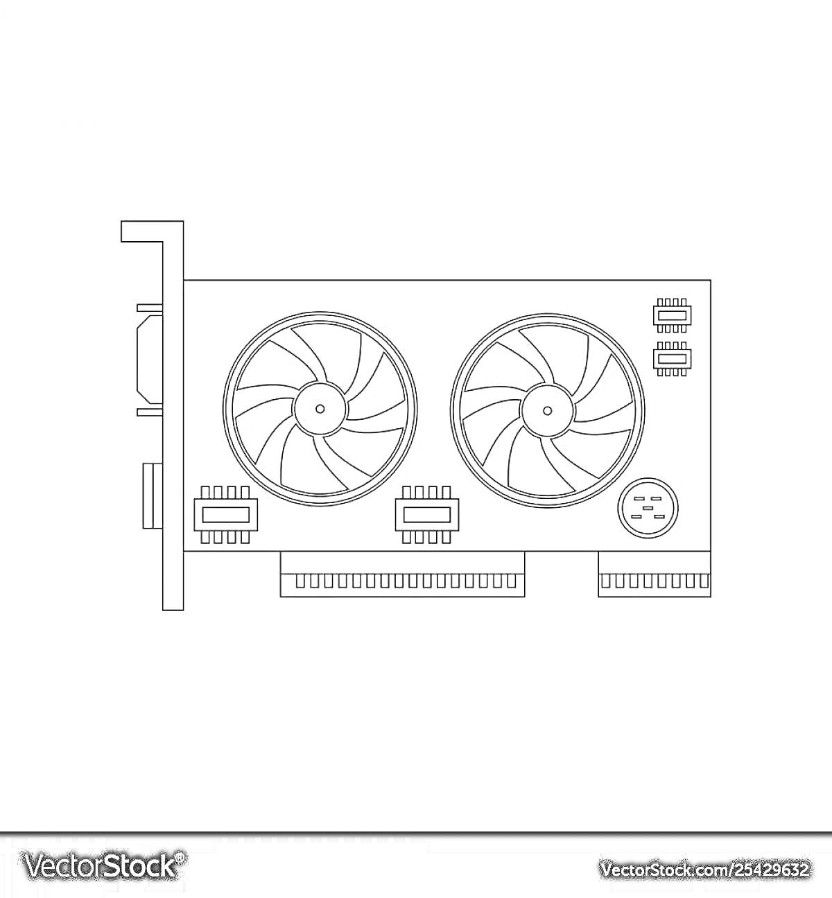 Раскраска Видеокарта с двумя вентиляторами, радиатором, слотами питания, портами и интерфейсным разъемом