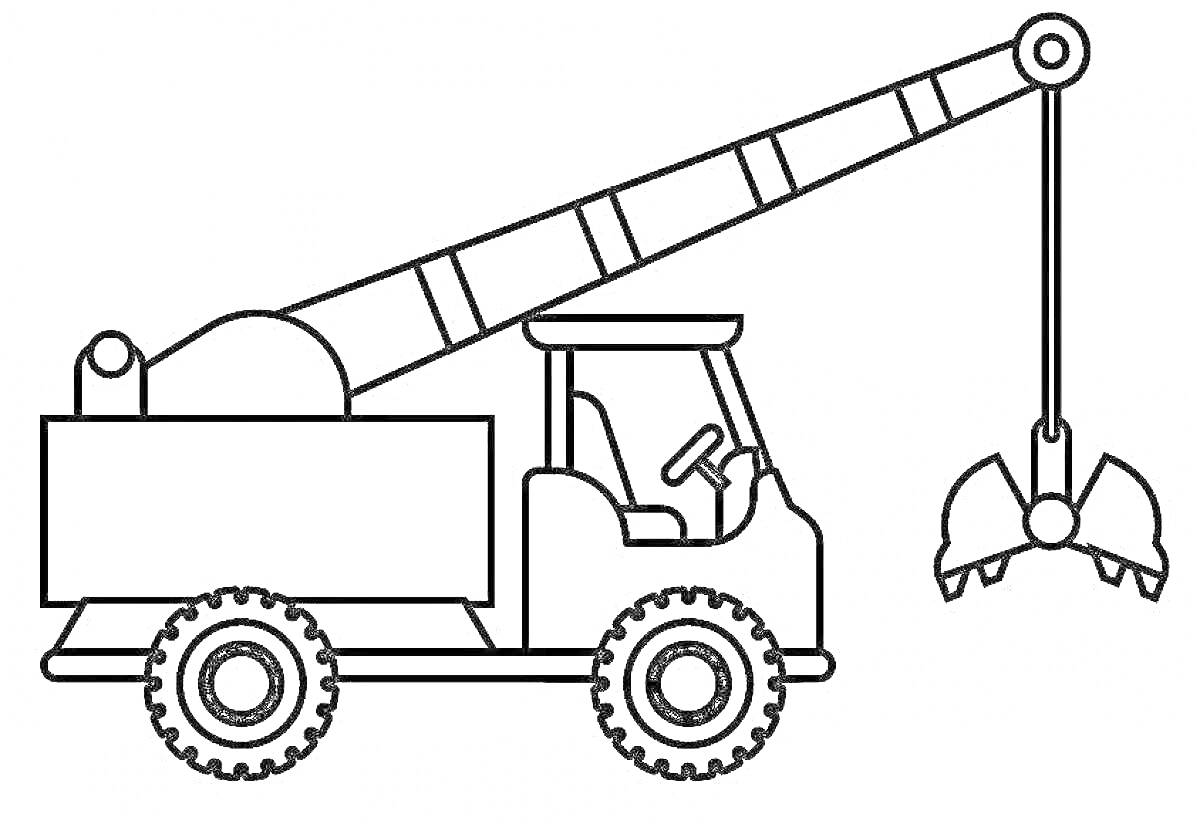 Раскраска Автомобиль-кран с кабиной, подъемной стрелой и захватным ковшом