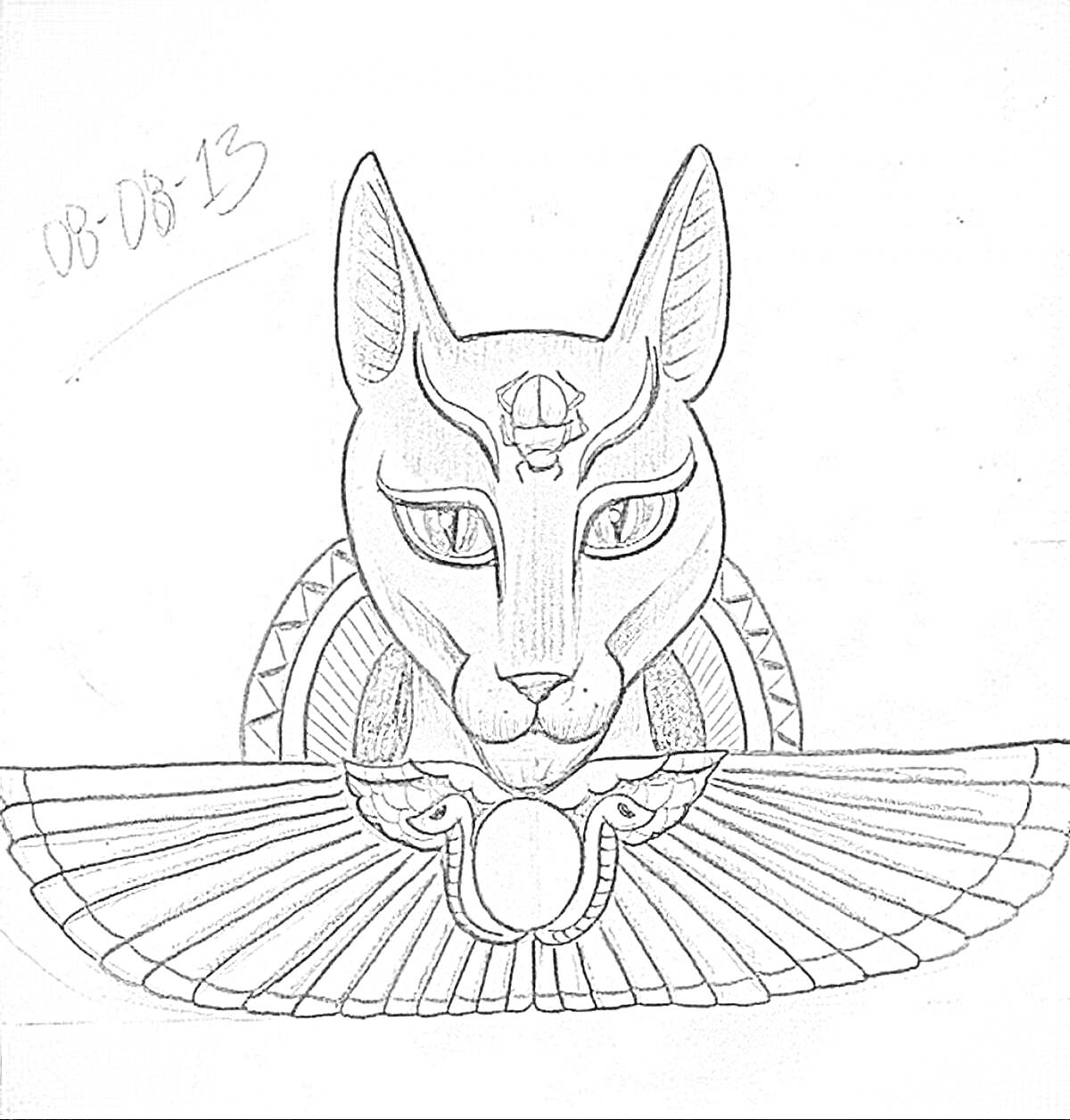 На раскраске изображено: Египетская кошка, Крылья, Египетское искусство, Фараон, Древний Египет, Узоры, Мифические существа
