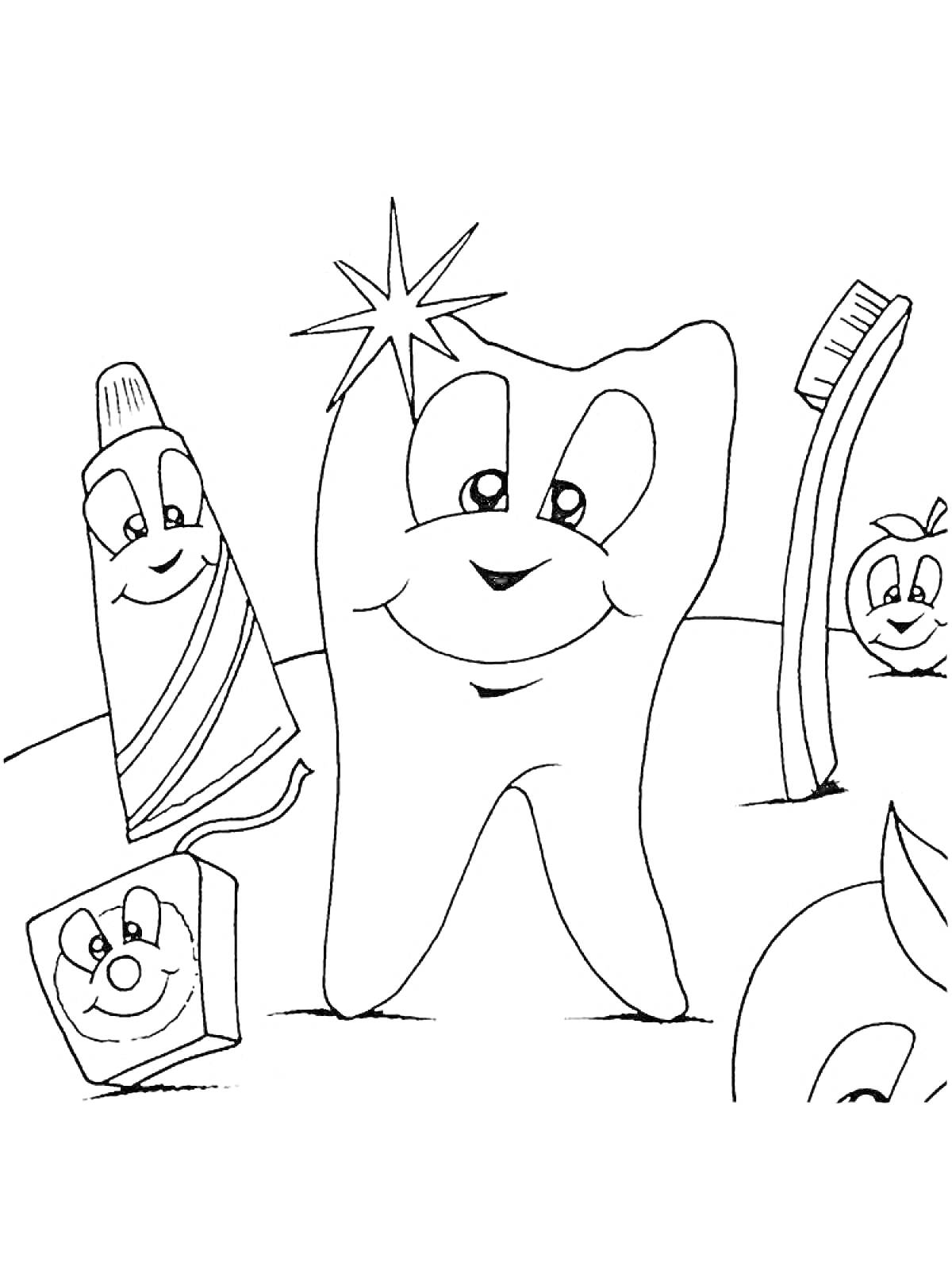Раскраска Зуб с зубной пастой, зубной щеткой и зубной нитью, все элементы с лицами