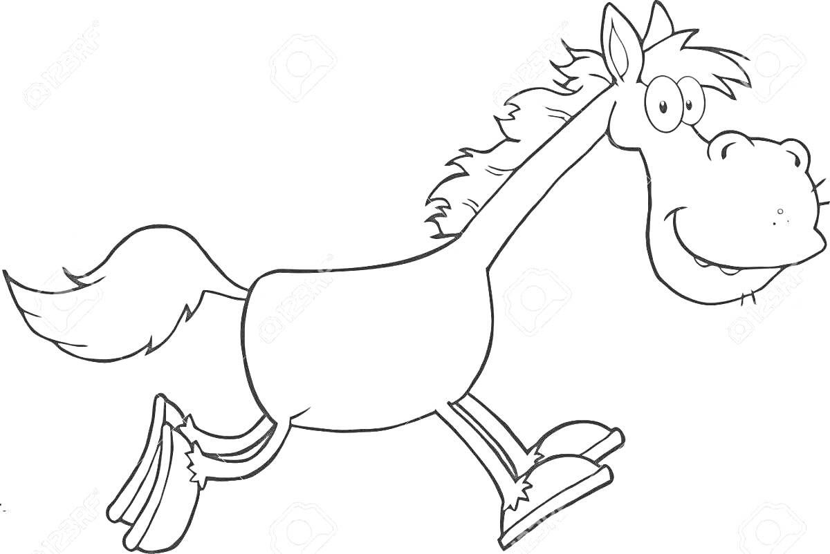 На раскраске изображено: Конь, Юлий, Скачки, Ботинки, Грива, Хвост