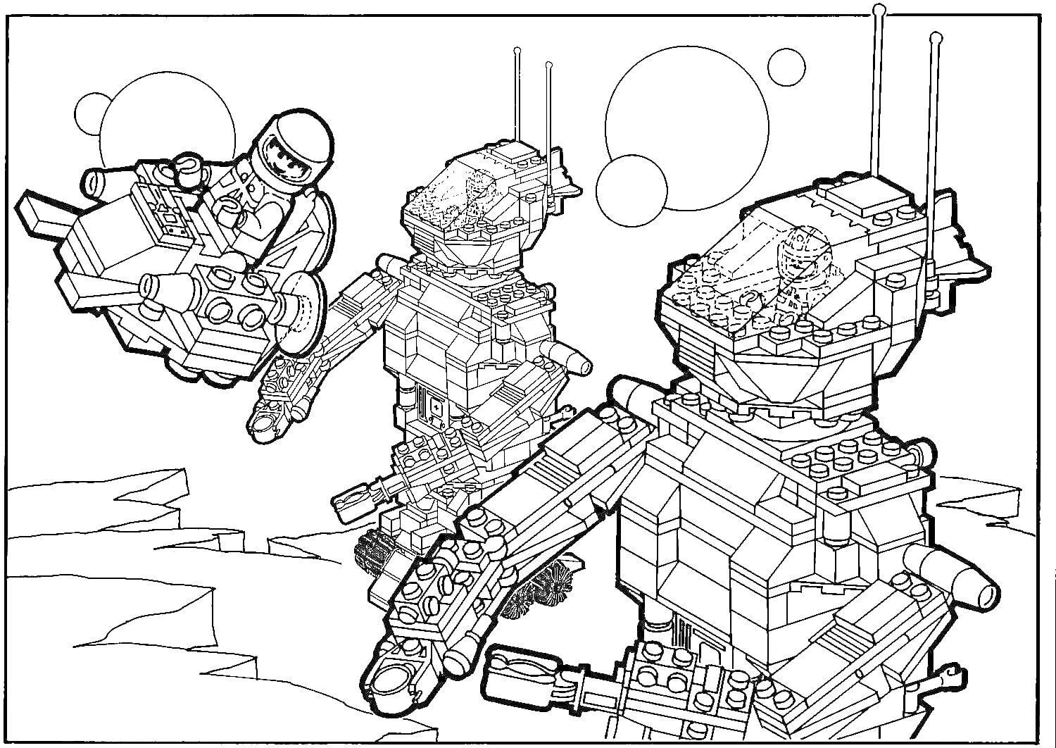 На раскраске изображено: Лего, Военные, Техника, Строительные блоки, Игрушки