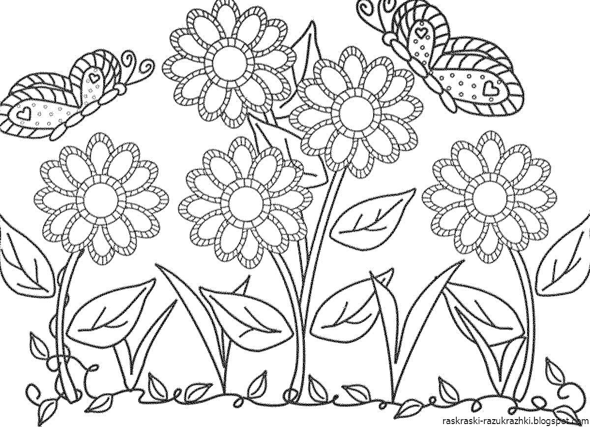 На раскраске изображено: Цветы, Листья, Для детей, Природа, Для малышей, Сад, Растения, Бабочка