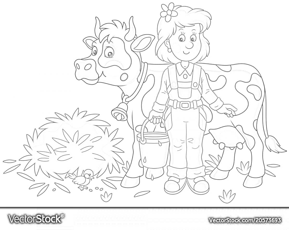 На раскраске изображено: Корова, Сено, Ферма, Молоко, Деревня