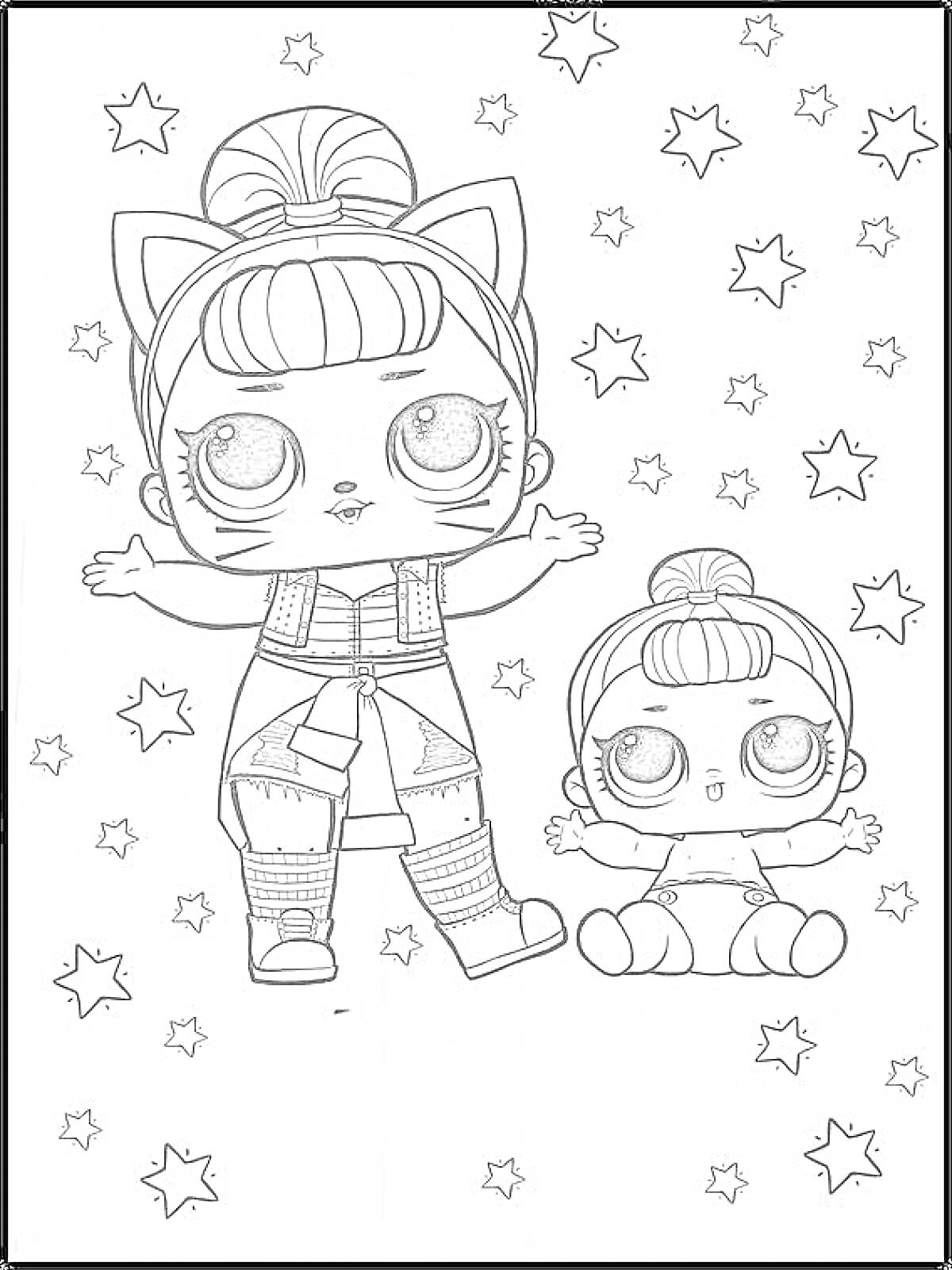 Раскраска Девочки ЛОЛ в костюме кошки и младенец, фон со звездами