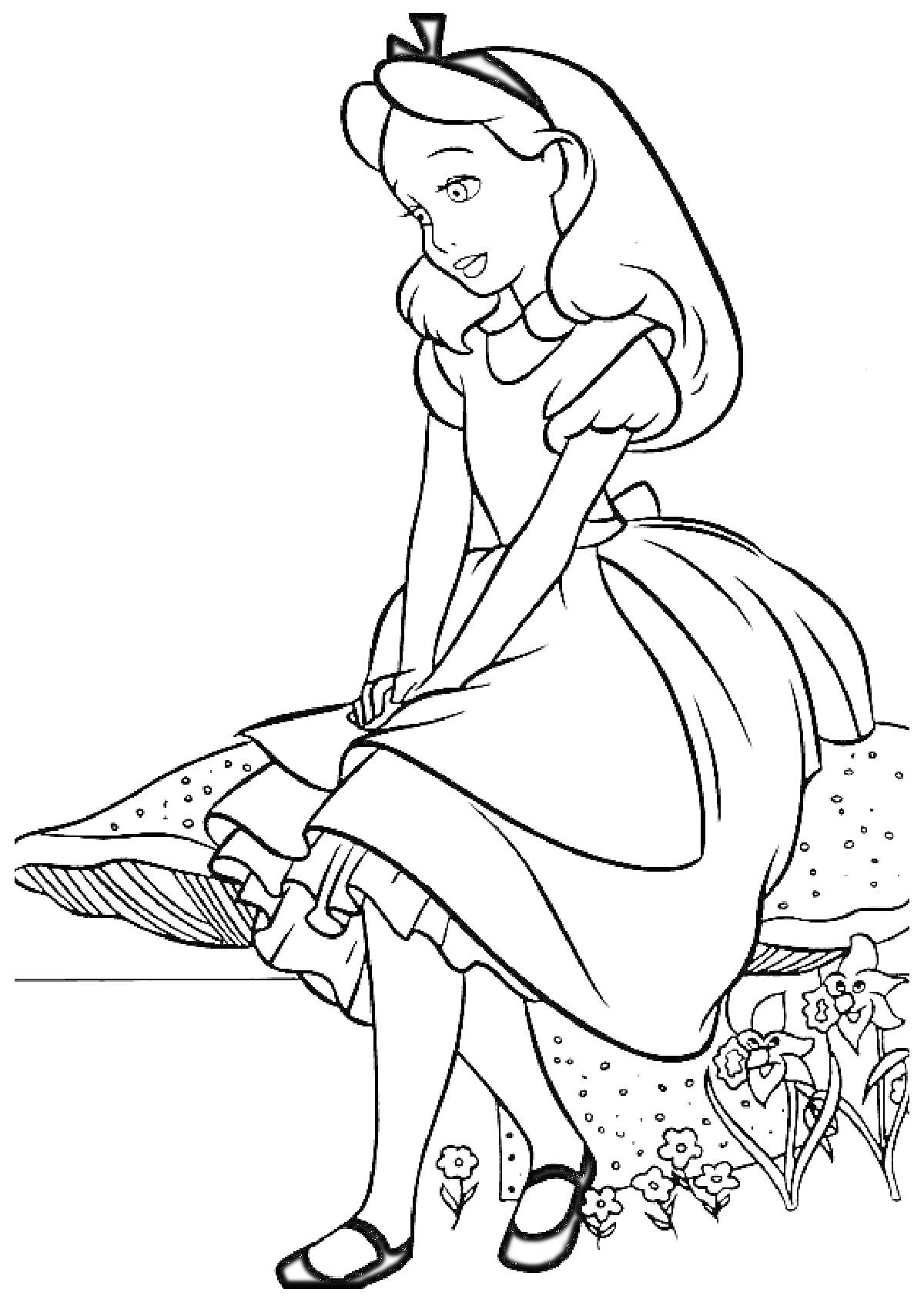На раскраске изображено: Алиса в Стране Чудес, Девочка, Платье, Цветы, Камни, Сидеть