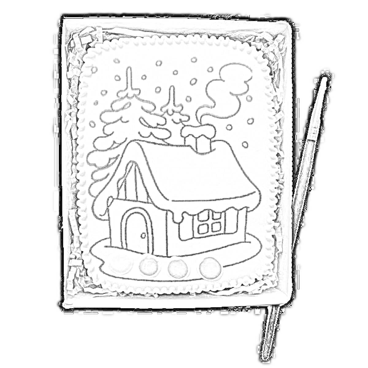 Раскраска Пряничный домик с ёлками, снегом и кисточкой