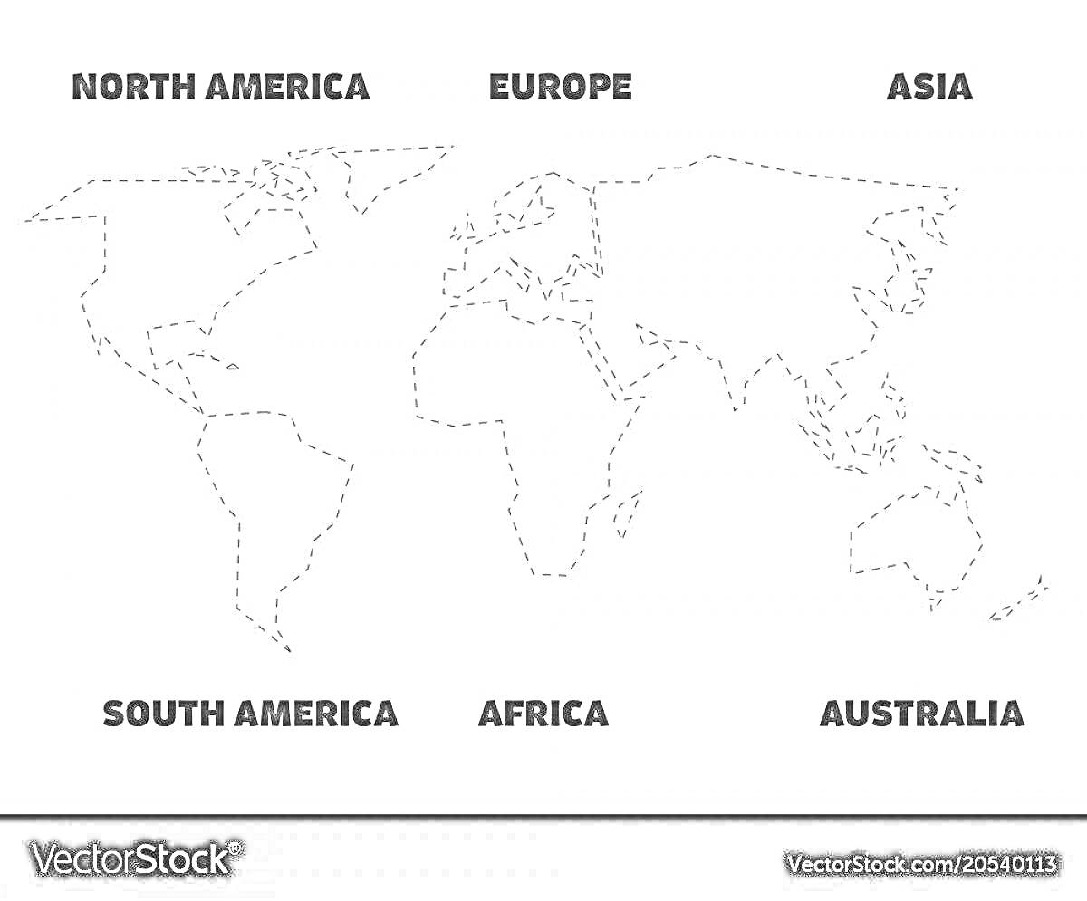 Раскраска Контурная карта мира с обозначенными материками: Северная Америка, Южная Америка, Европа, Африка, Азия, Австралия