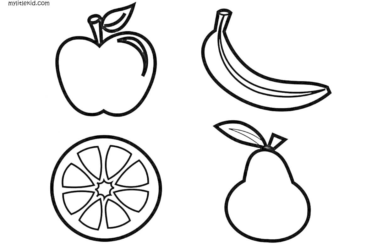 На раскраске изображено: Фрукты, Яблоко, Банан, Апельсин, Для детей 3-4 лет, Для детей, Груши