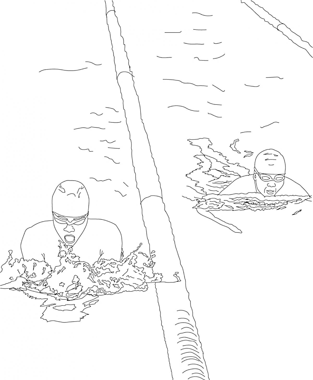 Раскраска Пловцы во время соревнований, один пловец на переднем плане, плывущий брассом, второй пловец на заднем плане, дорожка бассейна разделена буями, брызги воды вокруг пловцов