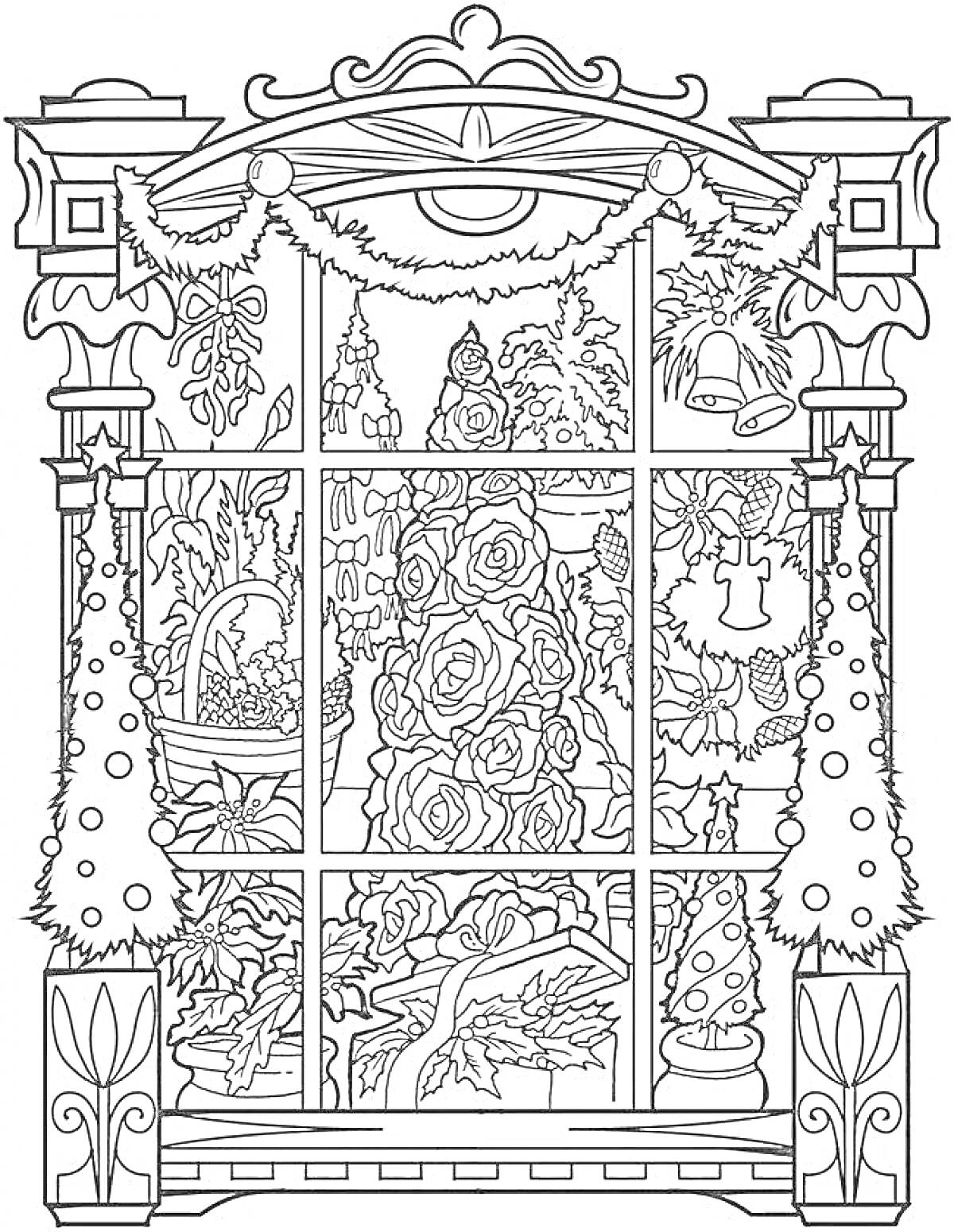 Раскраска Зимнее украшенное окно с гирляндами, цветами, рождественскими ёлками и колокольчиками