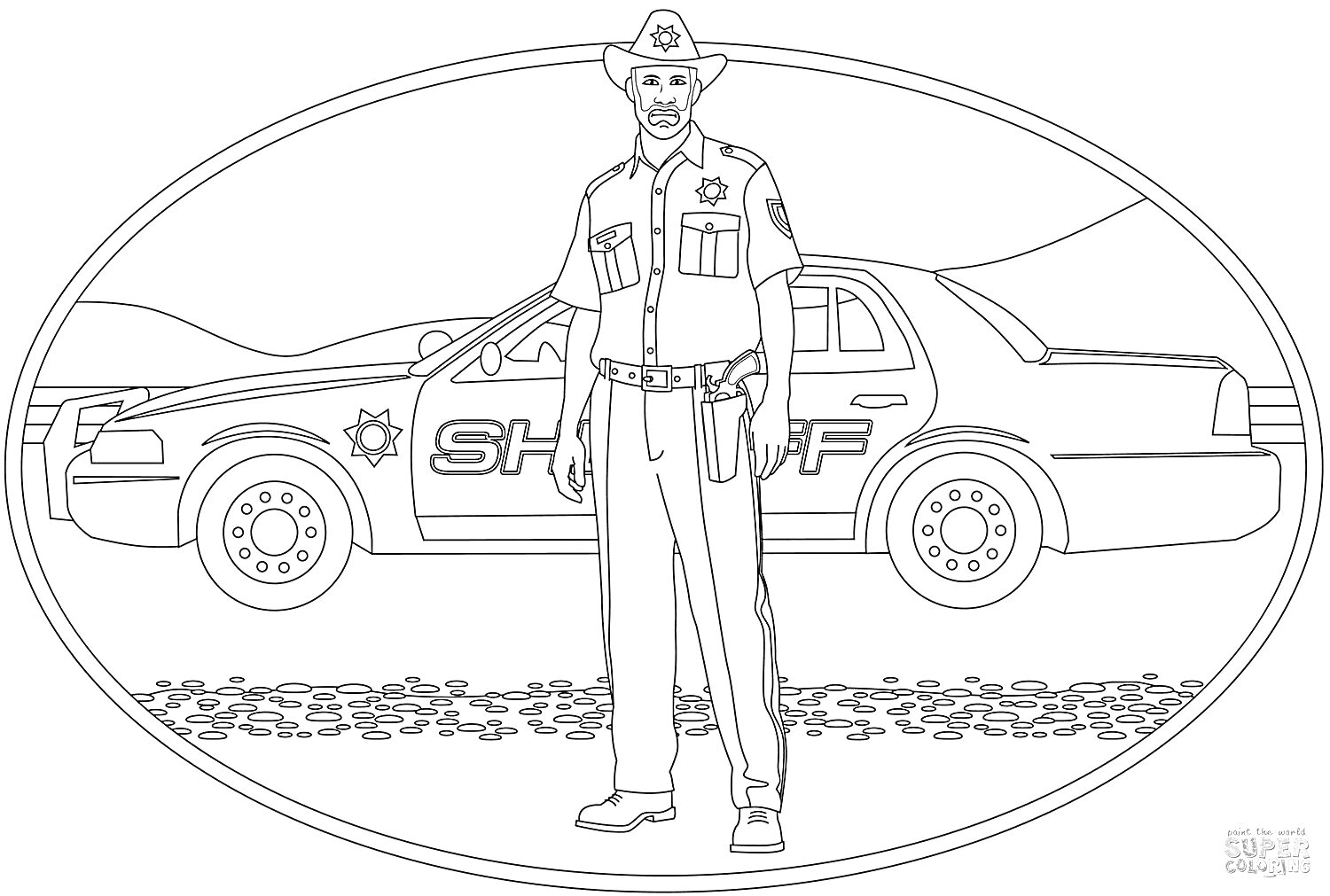 На раскраске изображено: Шериф, Патрульная машина, Пустыня, Значок, Форма, Ковбойская шляпа, Звезды, Полиция