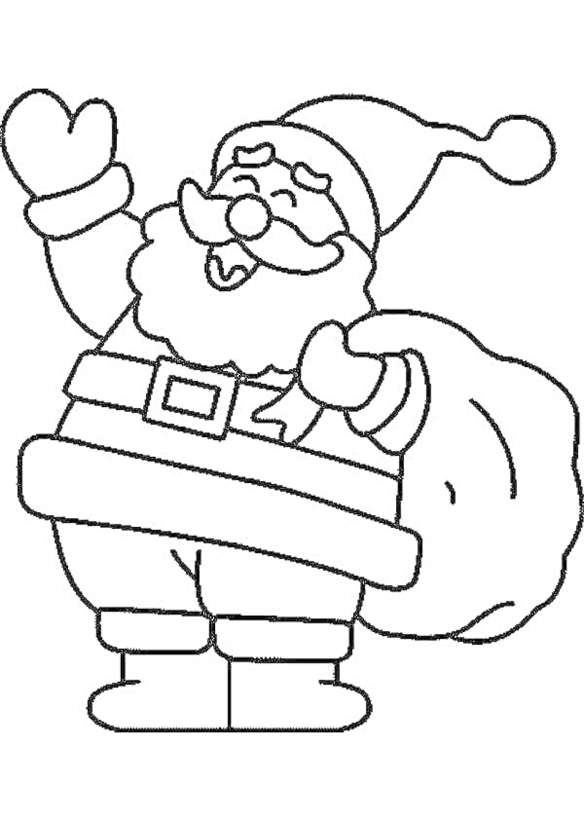 Раскраска Дед Мороз с мешком подарков, поднявший руку