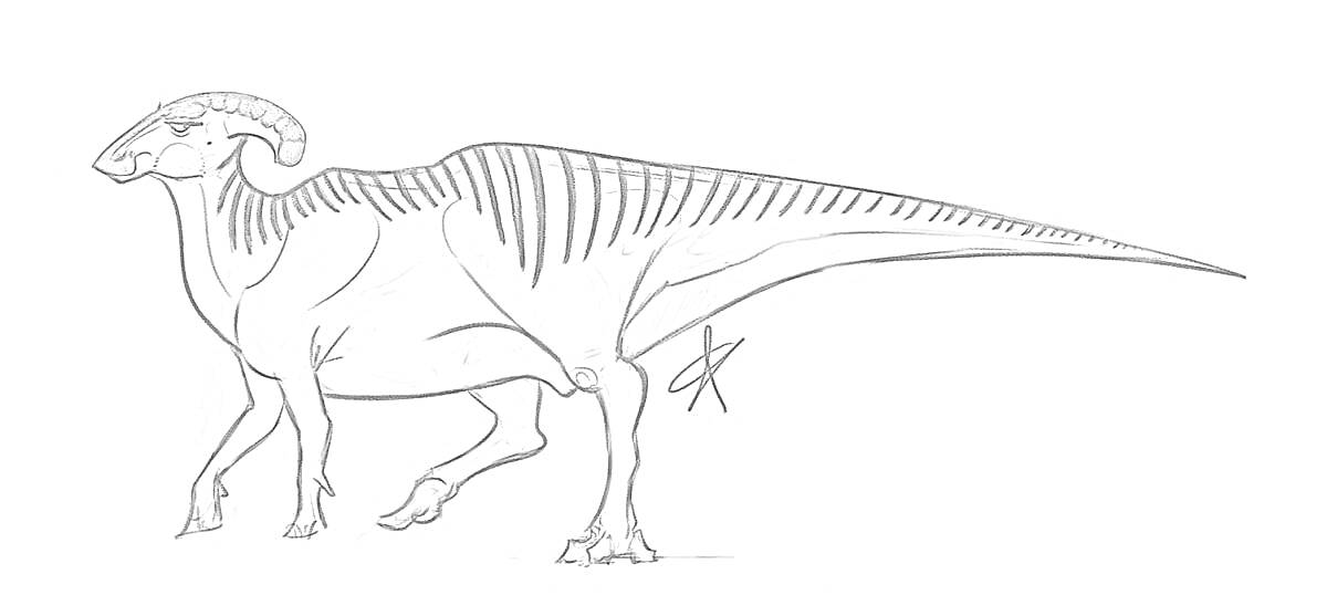 На раскраске изображено: Паразауролоф, Динозавр, Для детей, Длинный хвост, Гребень