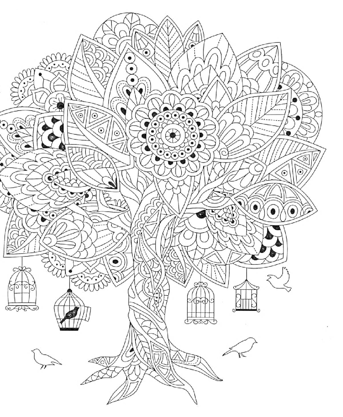 Раскраска Дерево с цветочными узорами и клетками для птиц