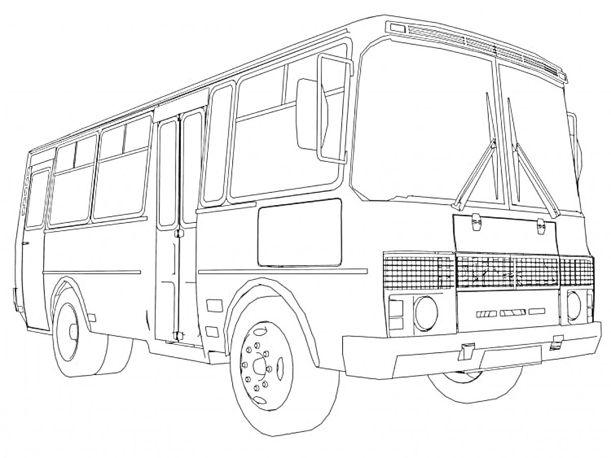 Раскраска Автобус ПАЗик с дверьми и окнами