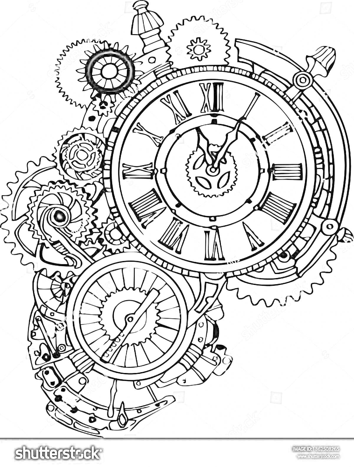 Антистресс раскраска с механическими часами и шестерёнками в стиле стимпанк