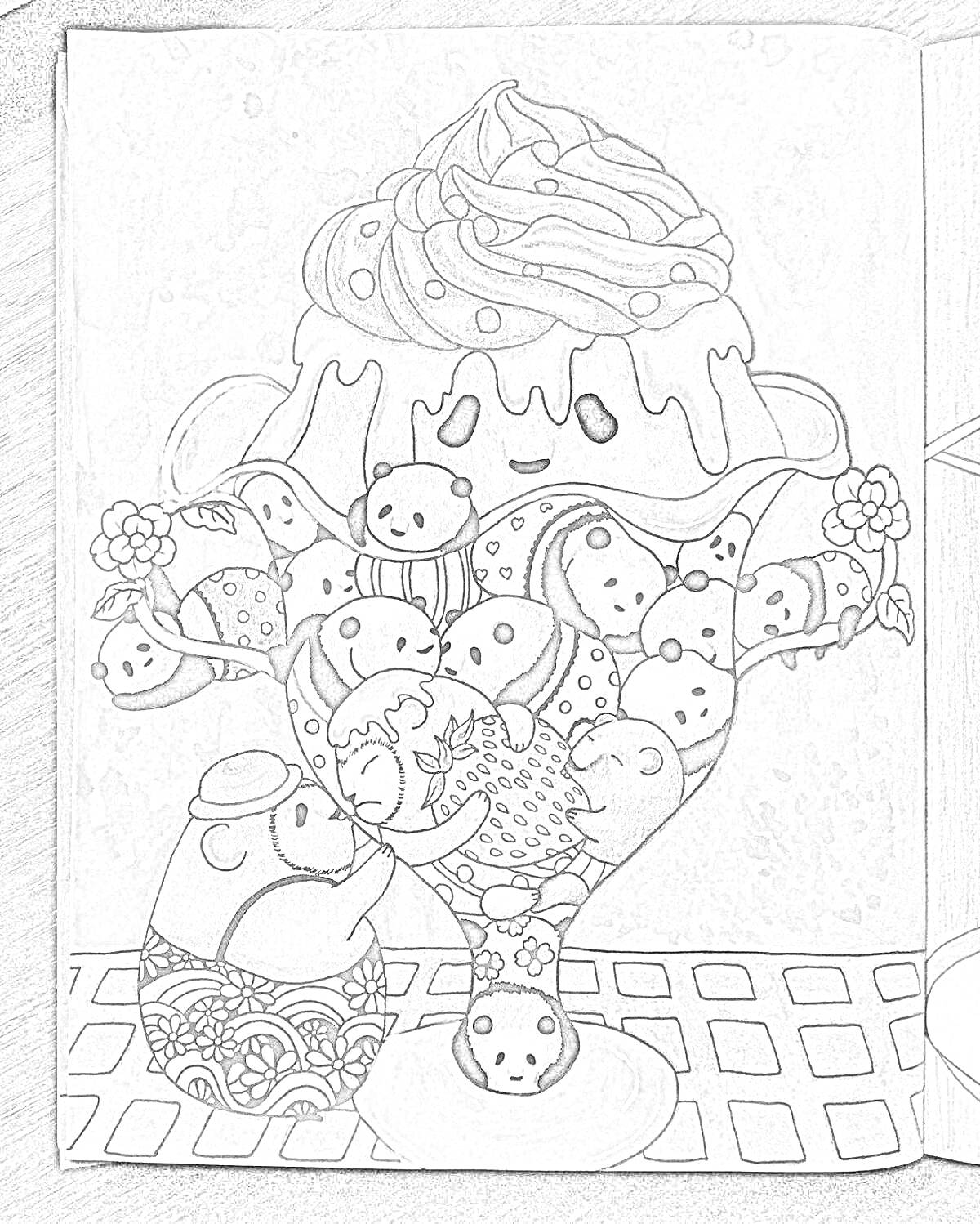 На раскраске изображено: Взбитые сливки, Панды, Мороженое, Наклейки, Стол, Вазочка