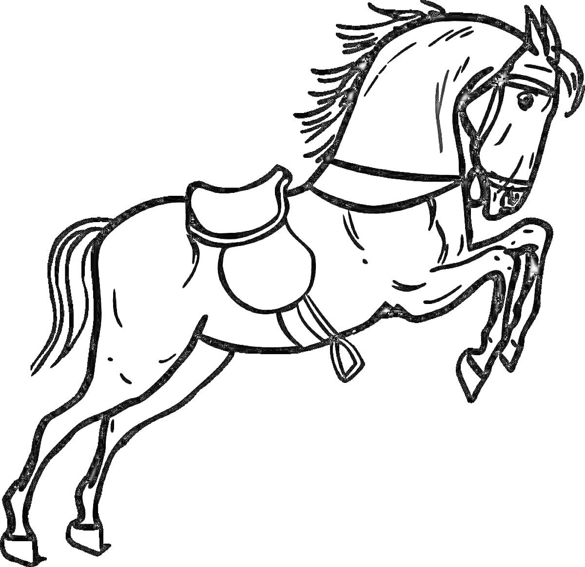 На раскраске изображено: Лошадь, Седло, Животные, Скачки, Контурные рисунки, Прыжки