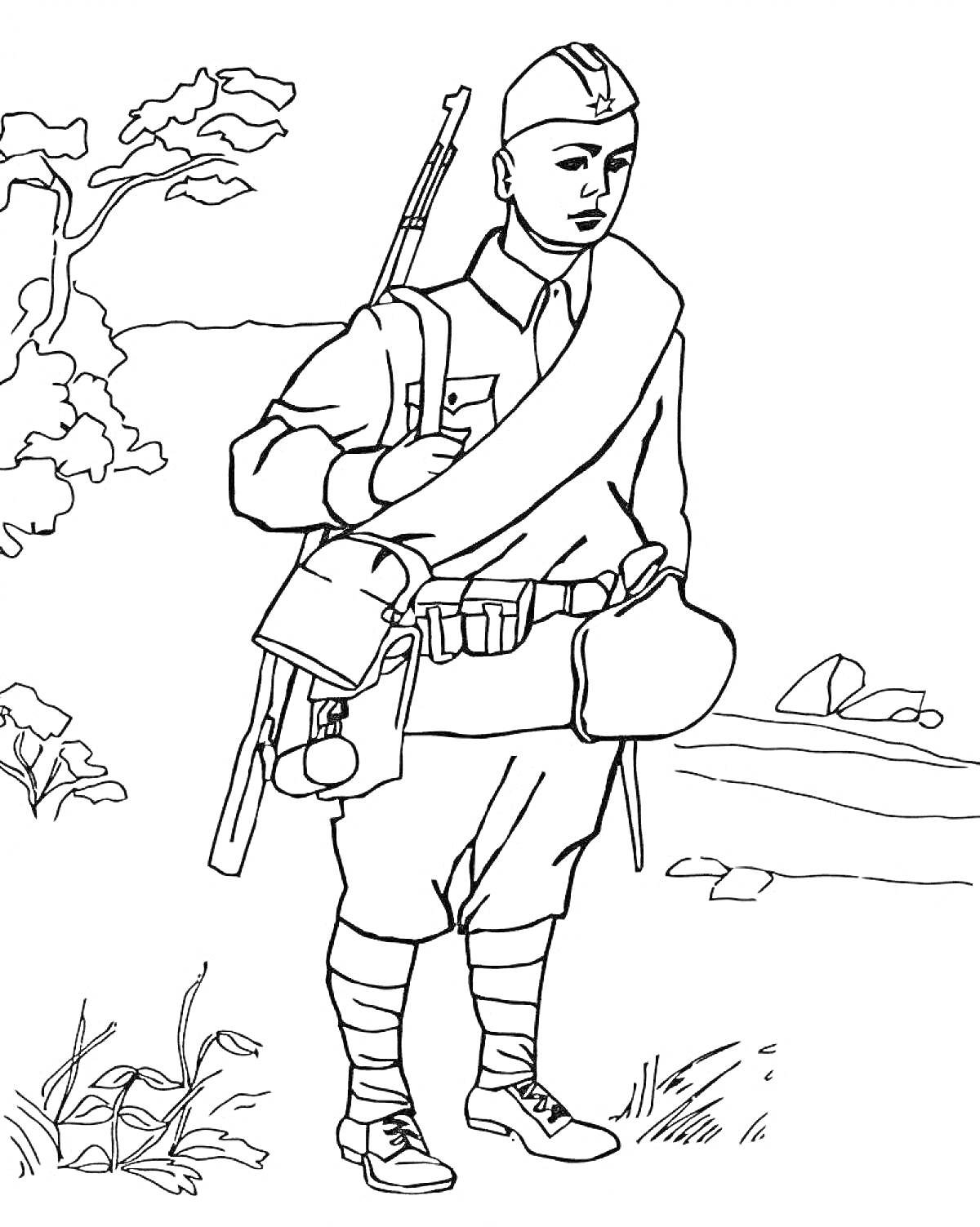 Раскраска Солдат с винтовкой и экипировкой в лесу