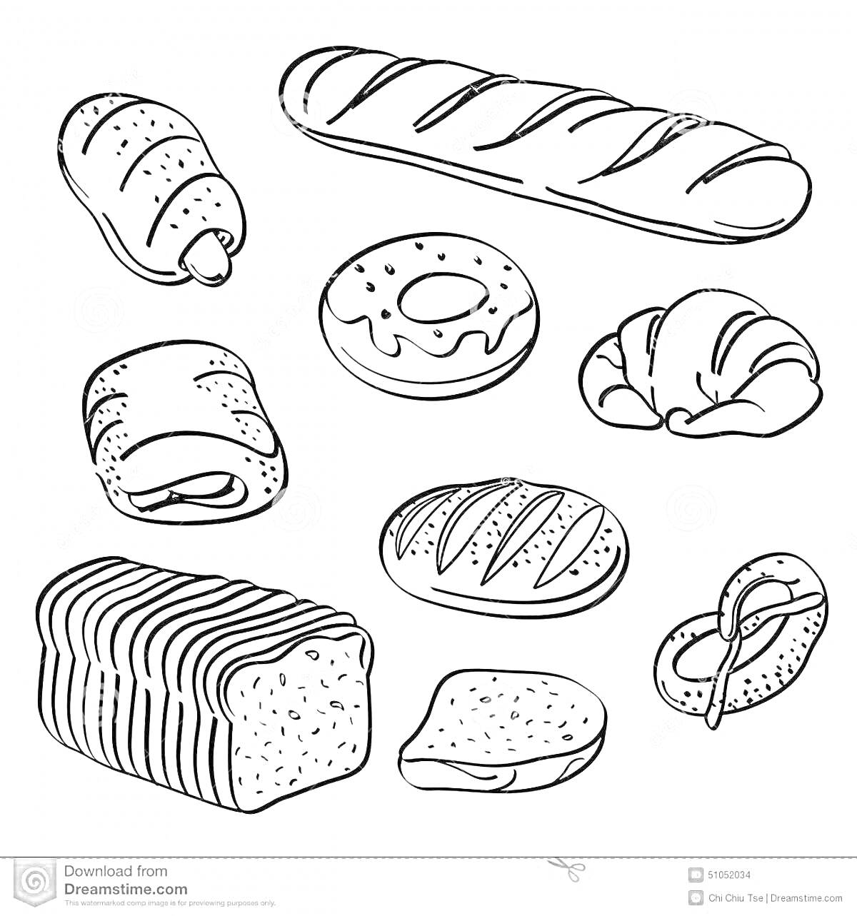 Раскраска Хлебобулочные изделия - багет, рогалик, пончик, крендель, булочка с начинкой, батон, булочка ромовая баба, ломтик хлеба, хлеб нарезанный