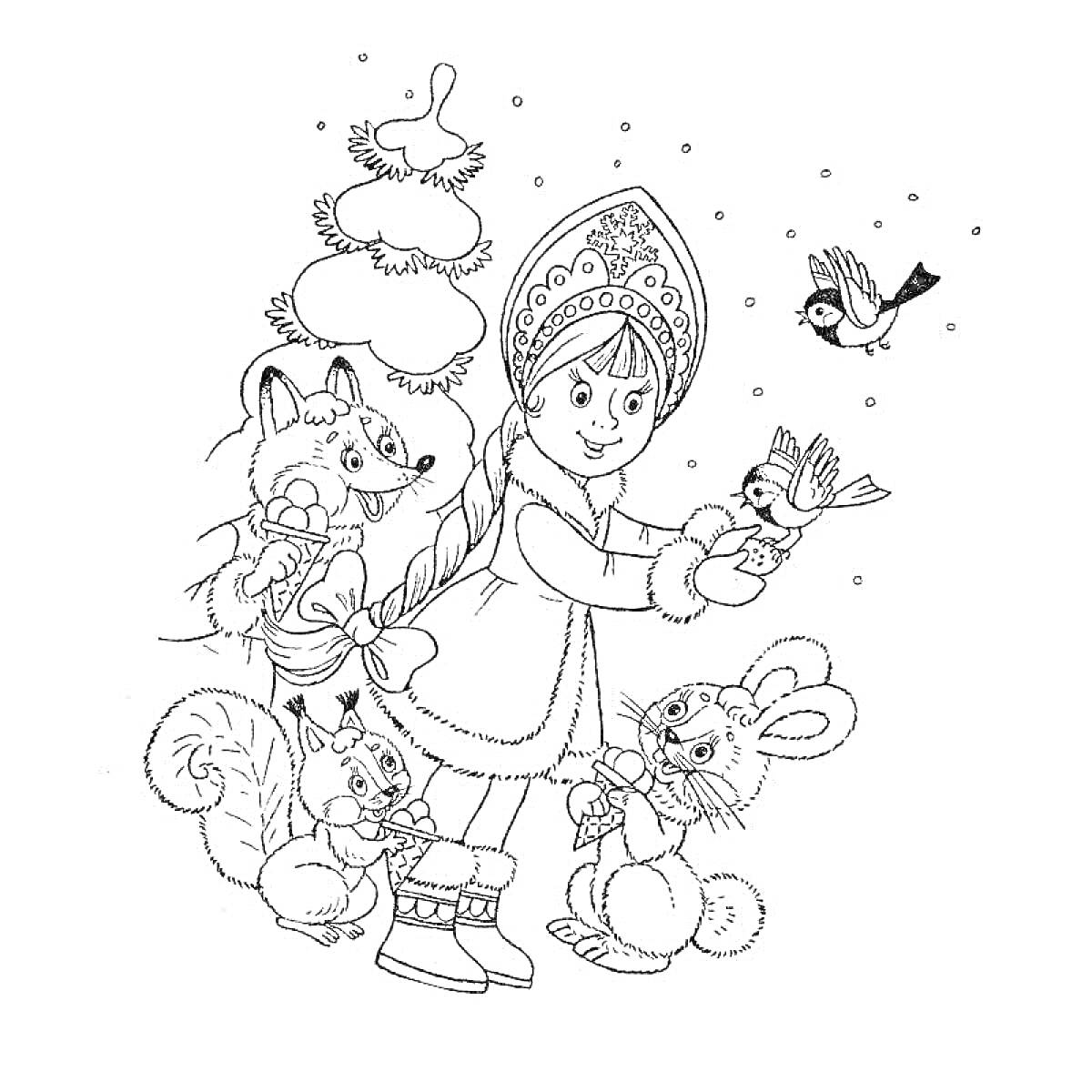 Раскраска Девочка в кокошнике с животными у новогодней ёлки, лиса, белка, заяц и птицы на снегу