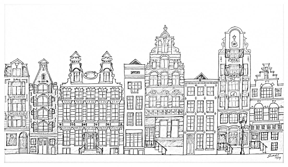Раскраска Фасады домов в Амстердаме с различными архитектурными элементами, включая окна, двери, балконы и фронтоны