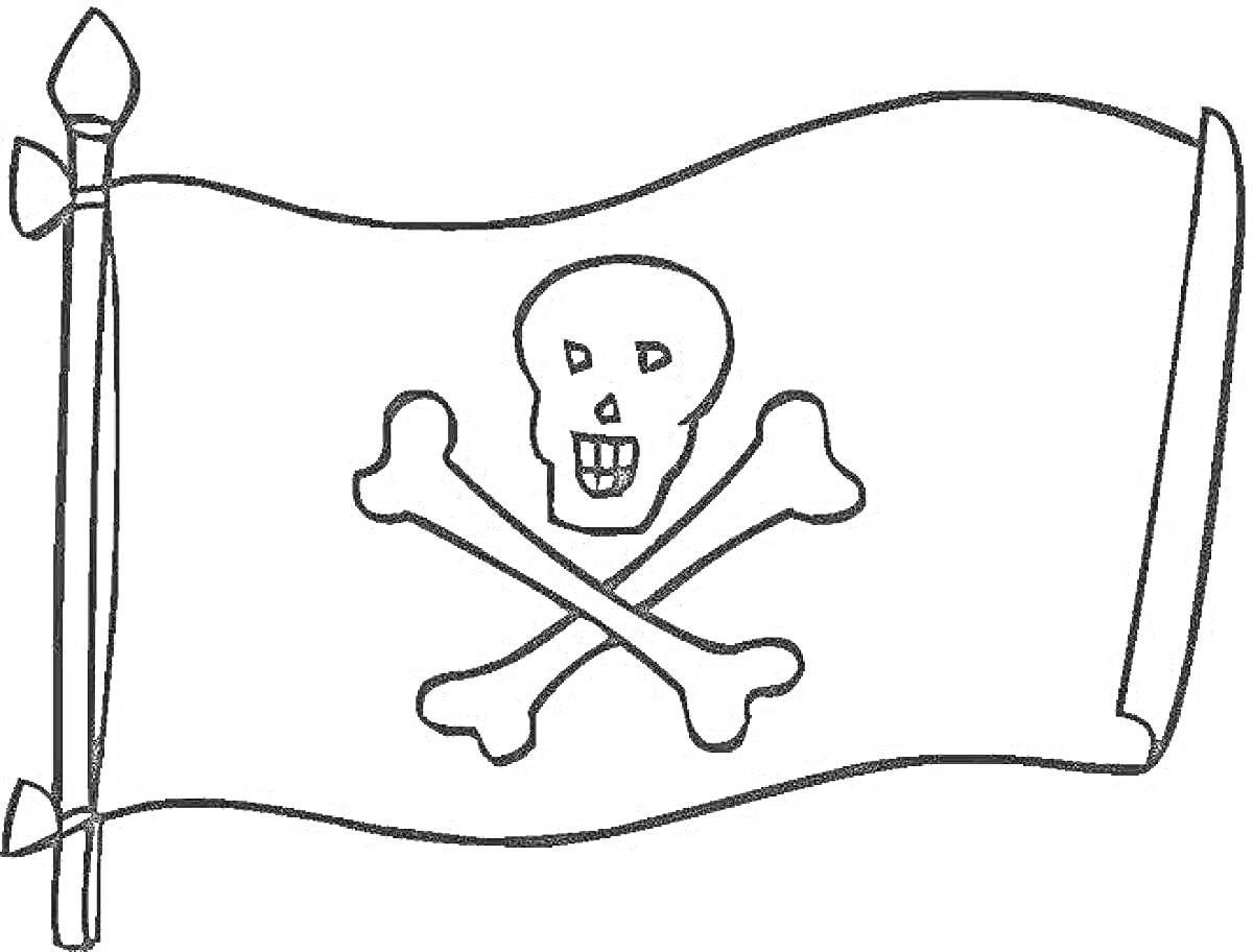 Раскраска Пиратский флаг с черепом и скрещенными костями на мачте