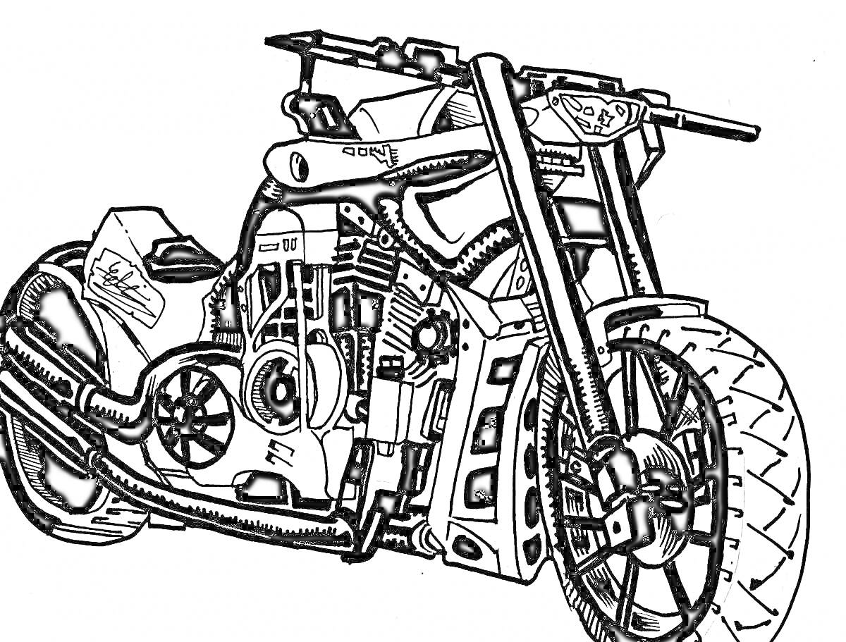 Раскраска Мотоцикл с крупными колесами и стилизованной рамой