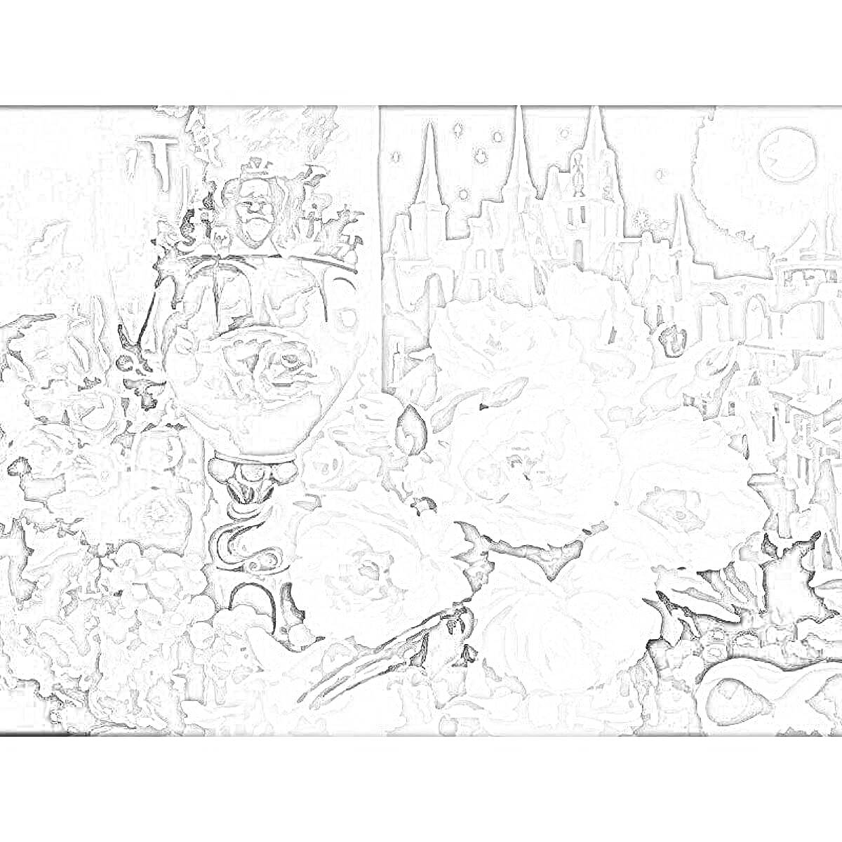 Раскраска Белоснежка и семь гномов с замком и букетом цветов