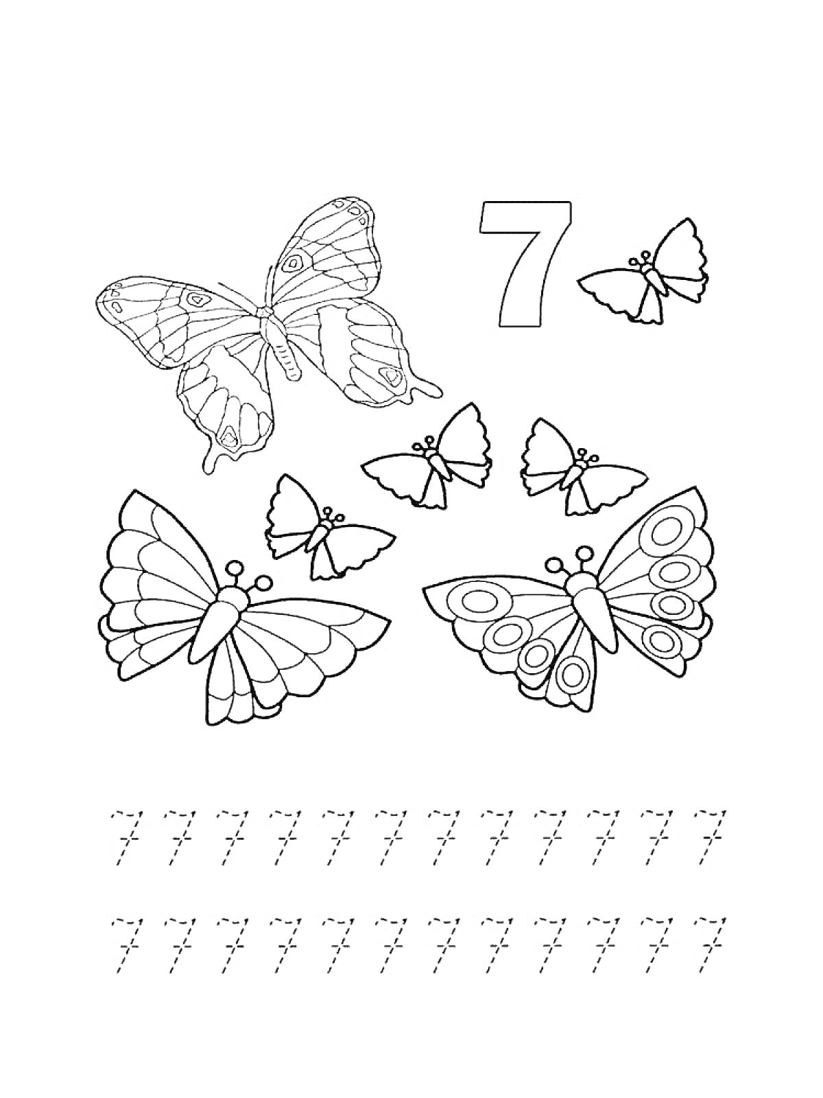 Раскраска Цифра 7, бабочки и прописи