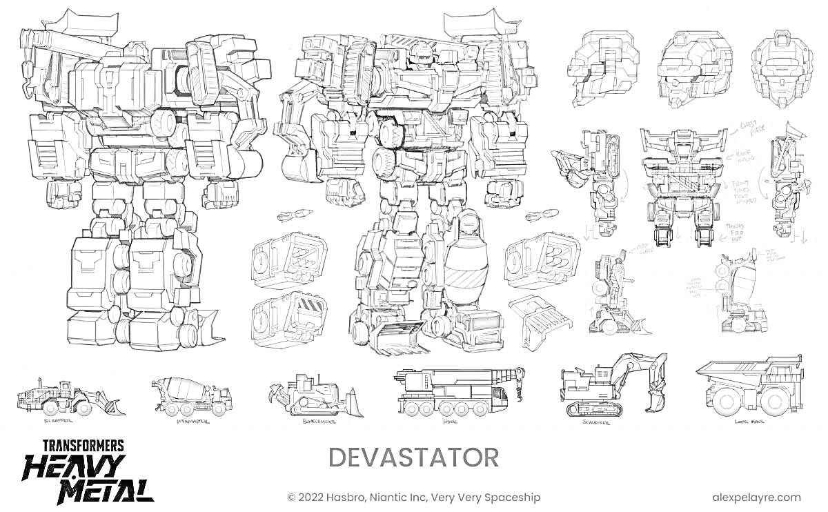 На раскраске изображено: Девастатор, Трансформеры, Робот, Компоненты, Трансформация, Сборка, Мех, Боевой робот