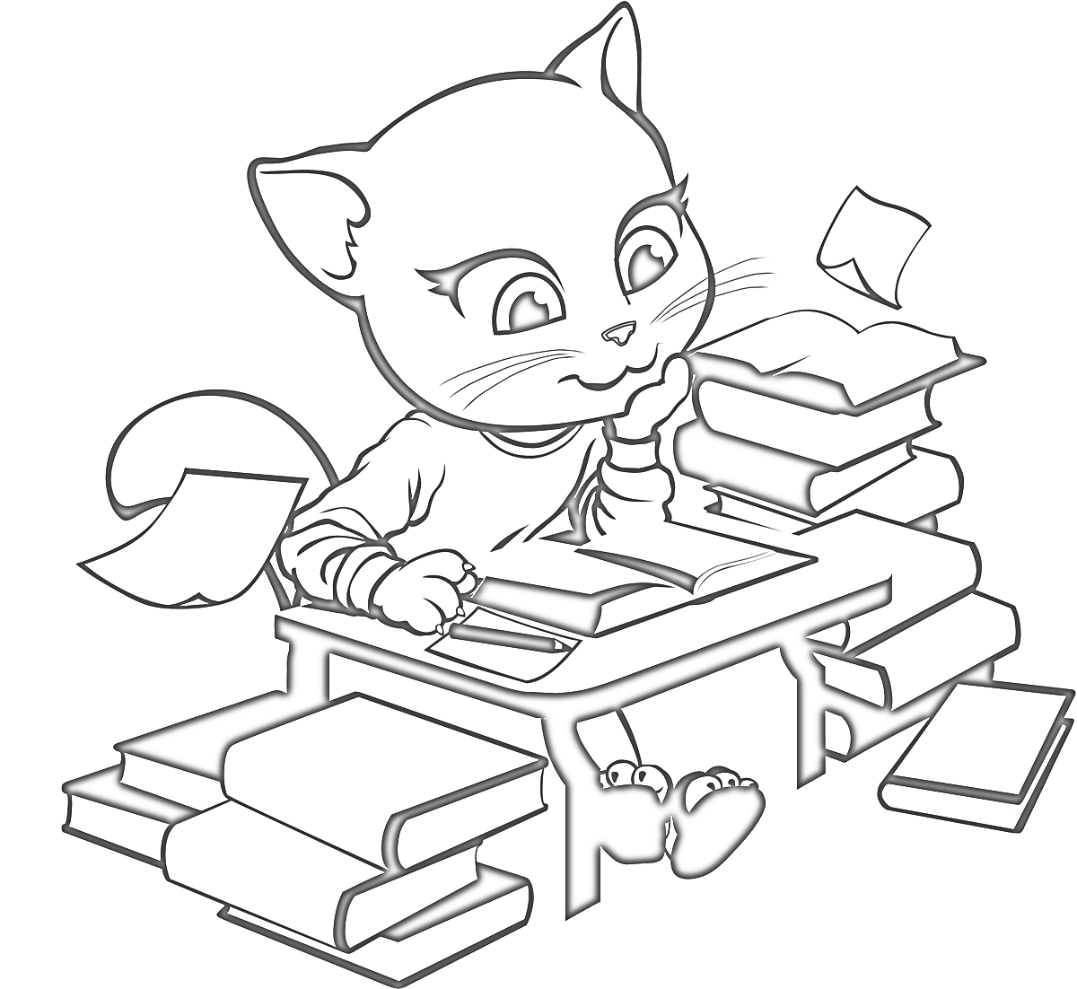Раскраска Кошка Анжела за письменным столом с книгами и бумагами