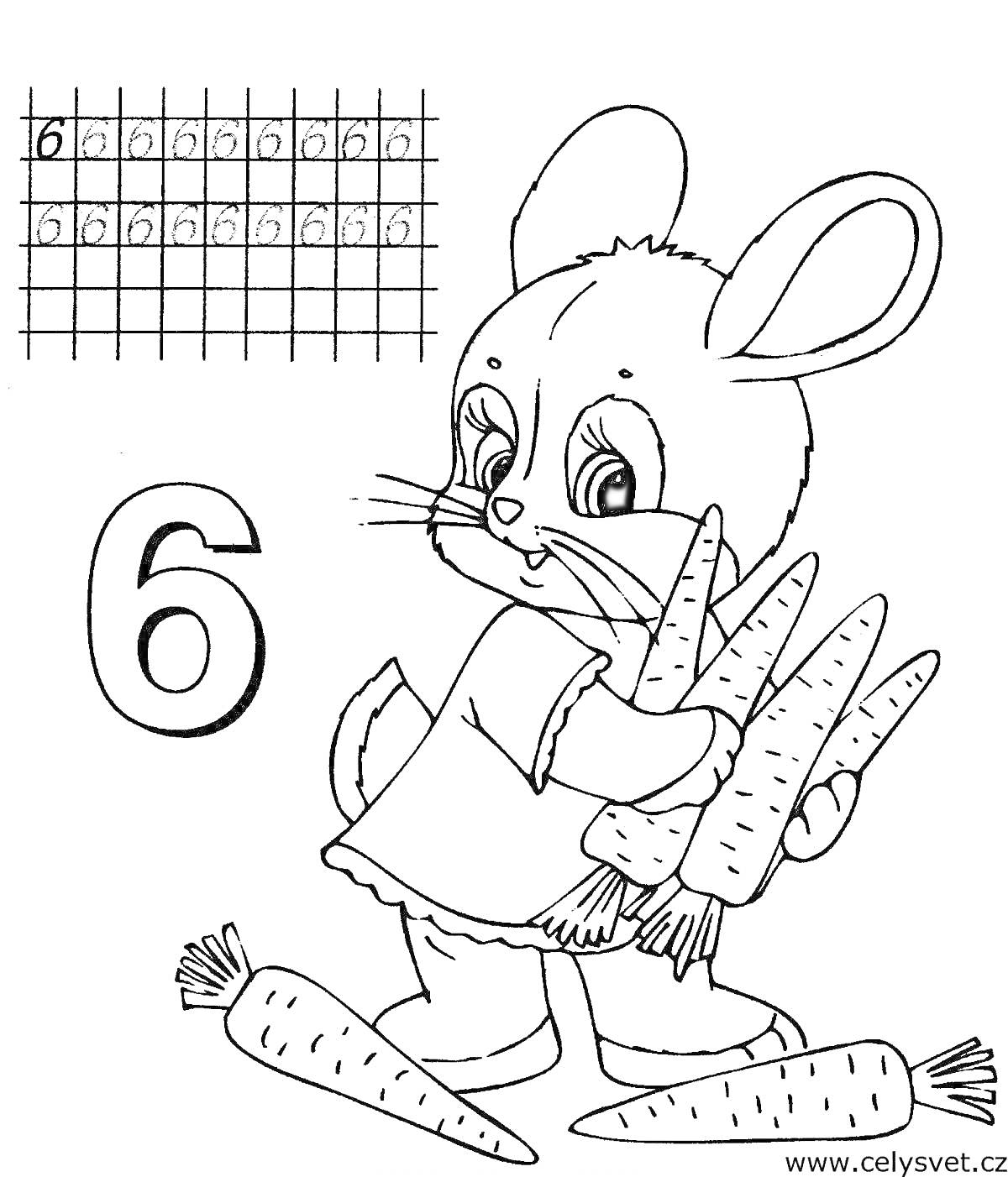 На раскраске изображено: Цифра 6, Кролик, Учимся считать, Дошкольное образование, Для детей, Животные, Морковь