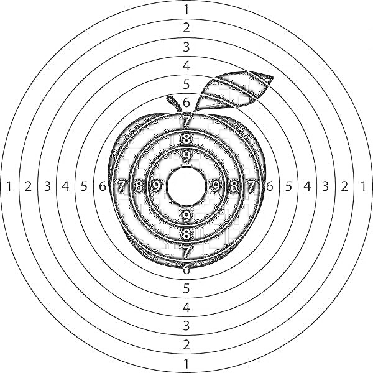 Мишень с изображением яблока в центре, окруженная концентрическими кругами с номерами от 1 до 10