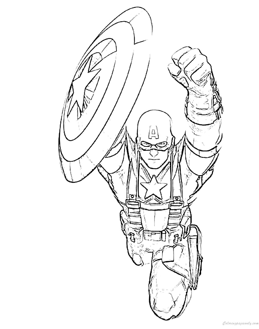 Раскраска Капитан Америка с поднятым щитом и сжатым кулаком, в прыжке, в костюме с буквой 