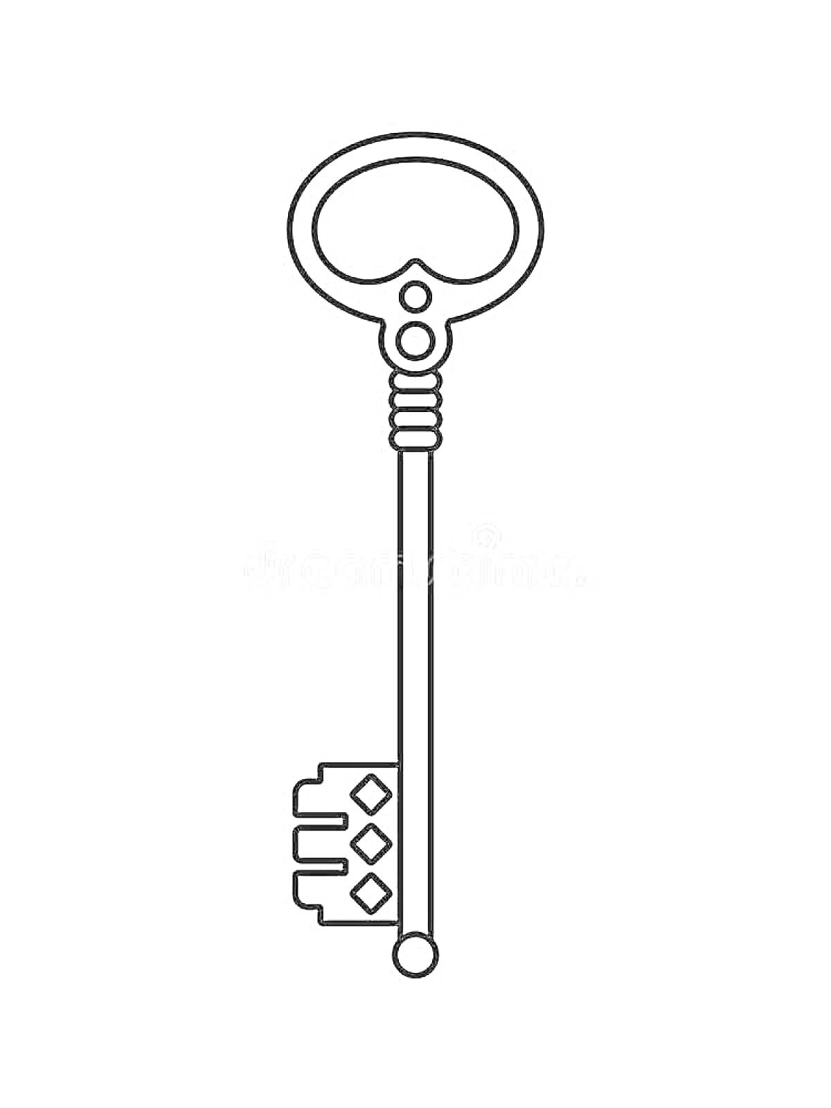 На раскраске изображено: Ключ, Рукоятка, Геометрические элементы, Узоры, Линии, Контурные рисунки