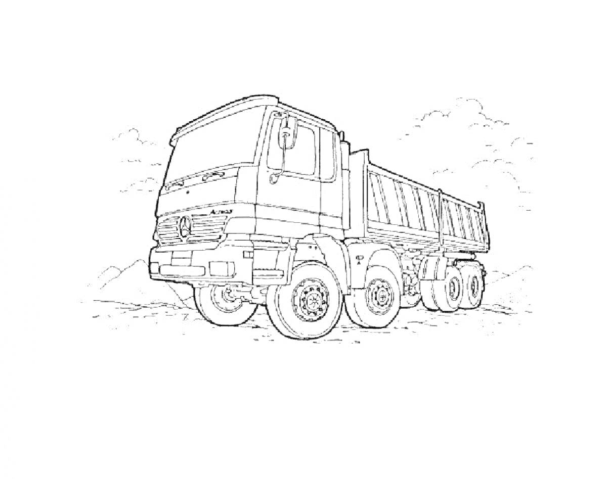 Раскраска Военный Камаз с самосвальным кузовом на фоне гор