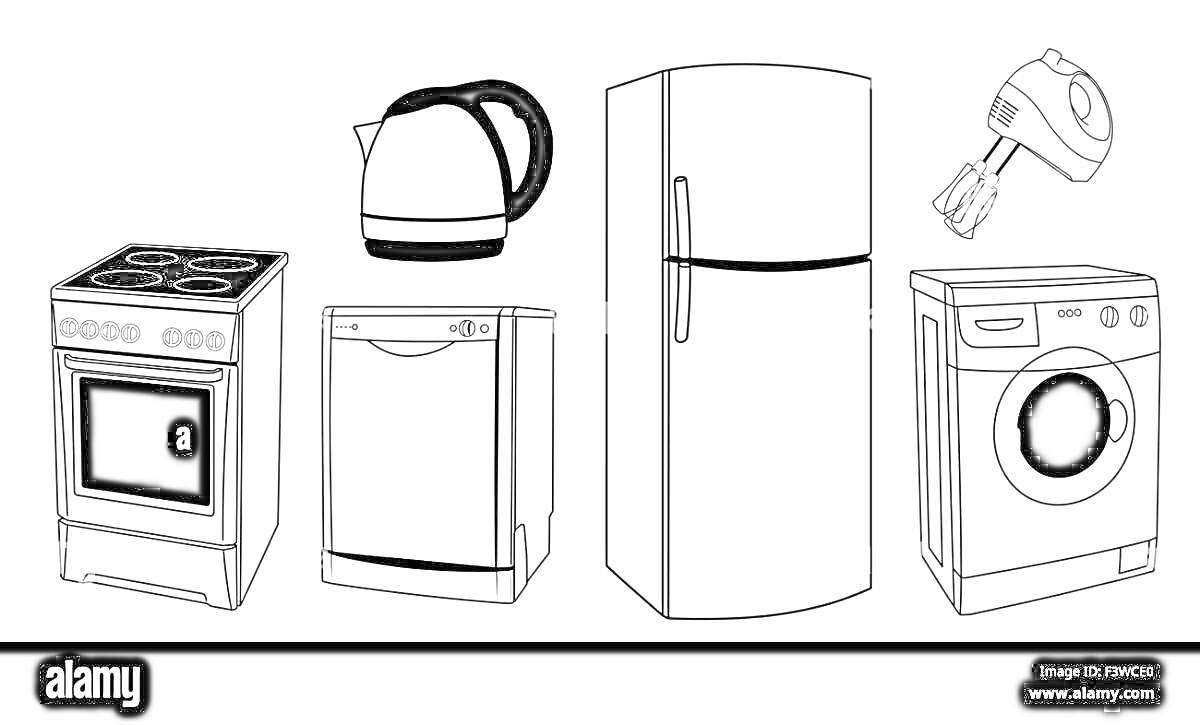 На раскраске изображено: Плита, Электрический чайник, Посудомоечная машина, Холодильник, Миксер, Стиральная машина, Бытовая техника