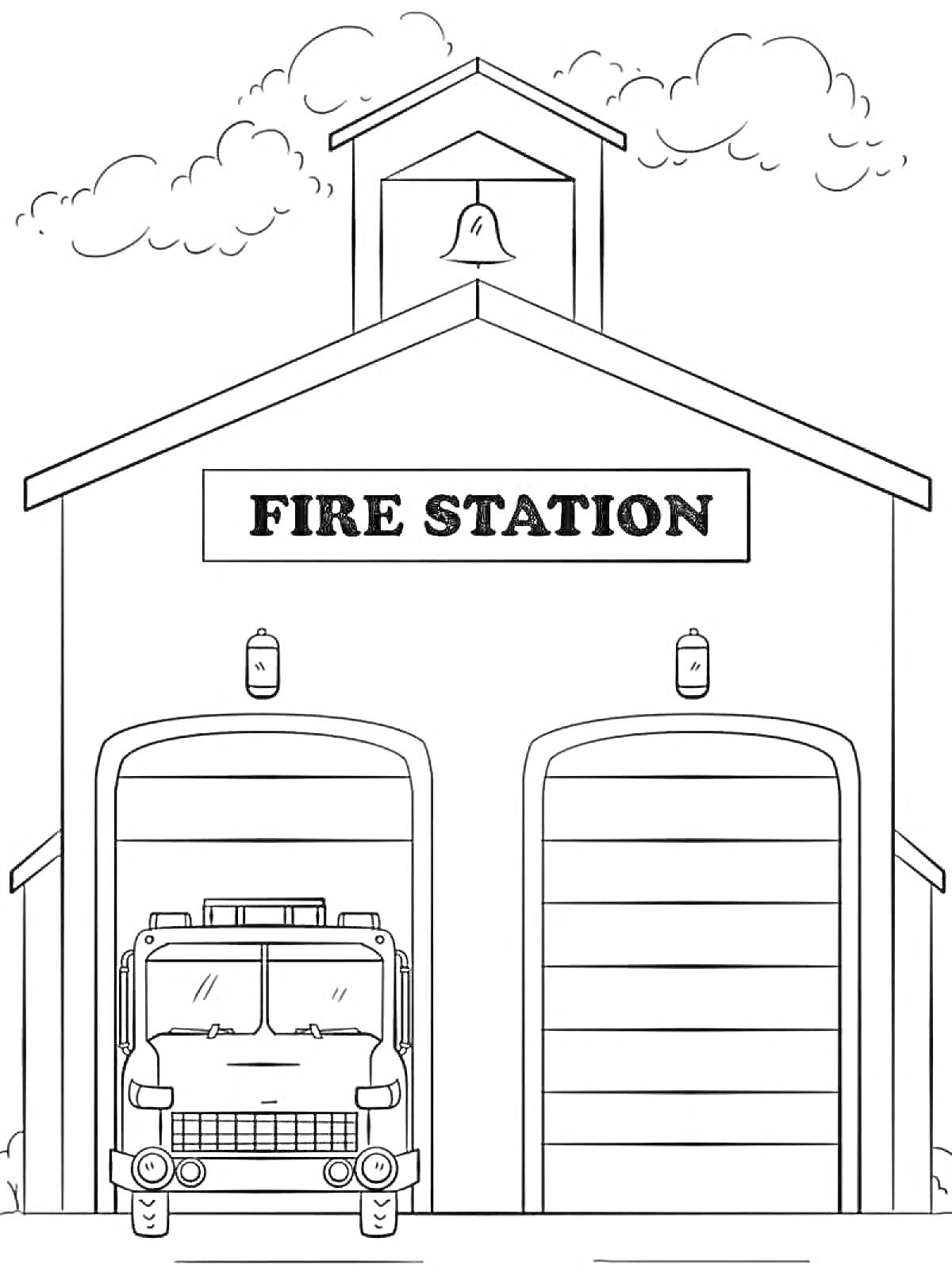 На раскраске изображено: Пожарная станция, Пожарная машина, Колокол, Облака, Пожарная безопасность, Здание, Служба спасения