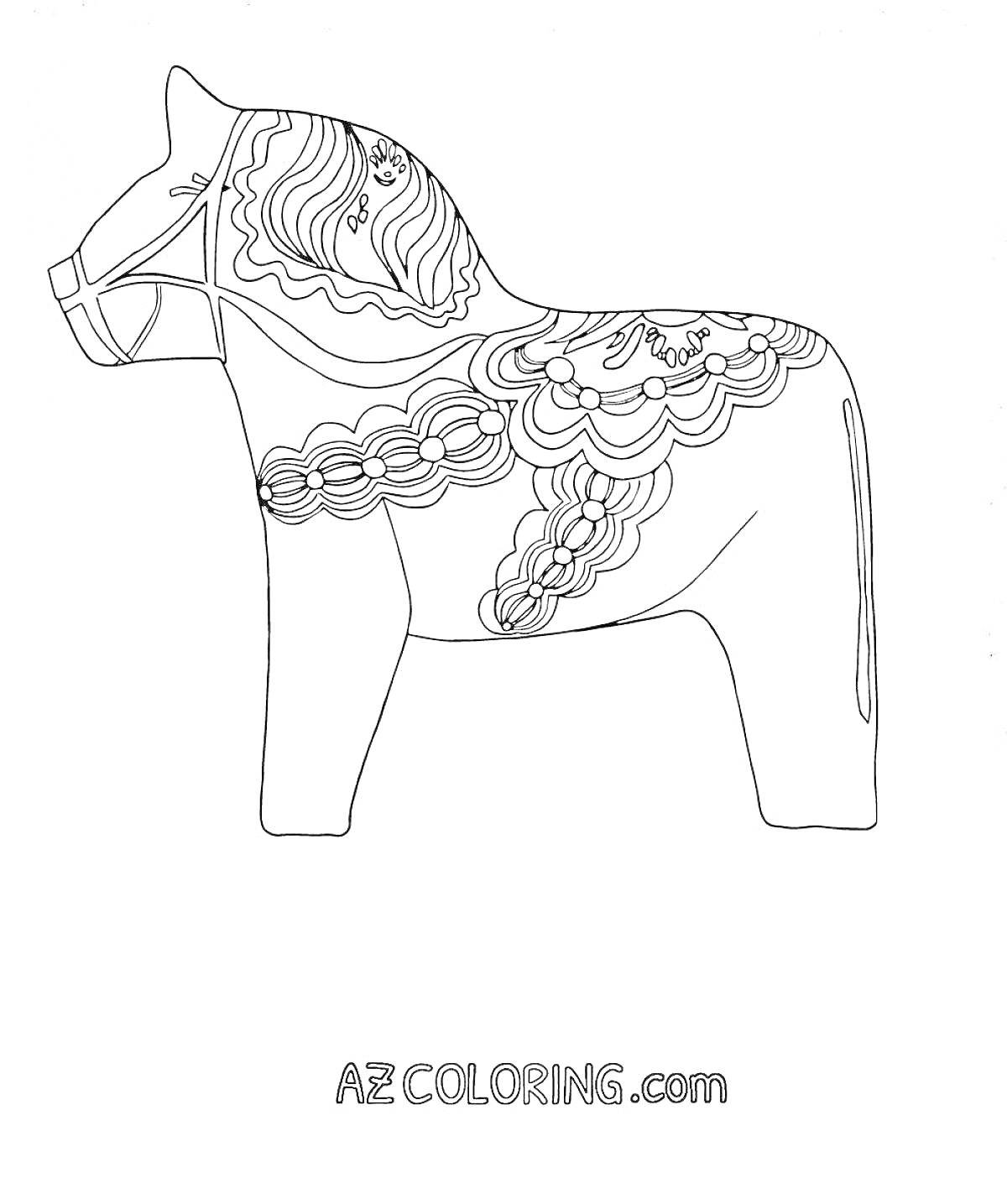 Раскраска Городецкая лошадка с узорами на гриве и туловище