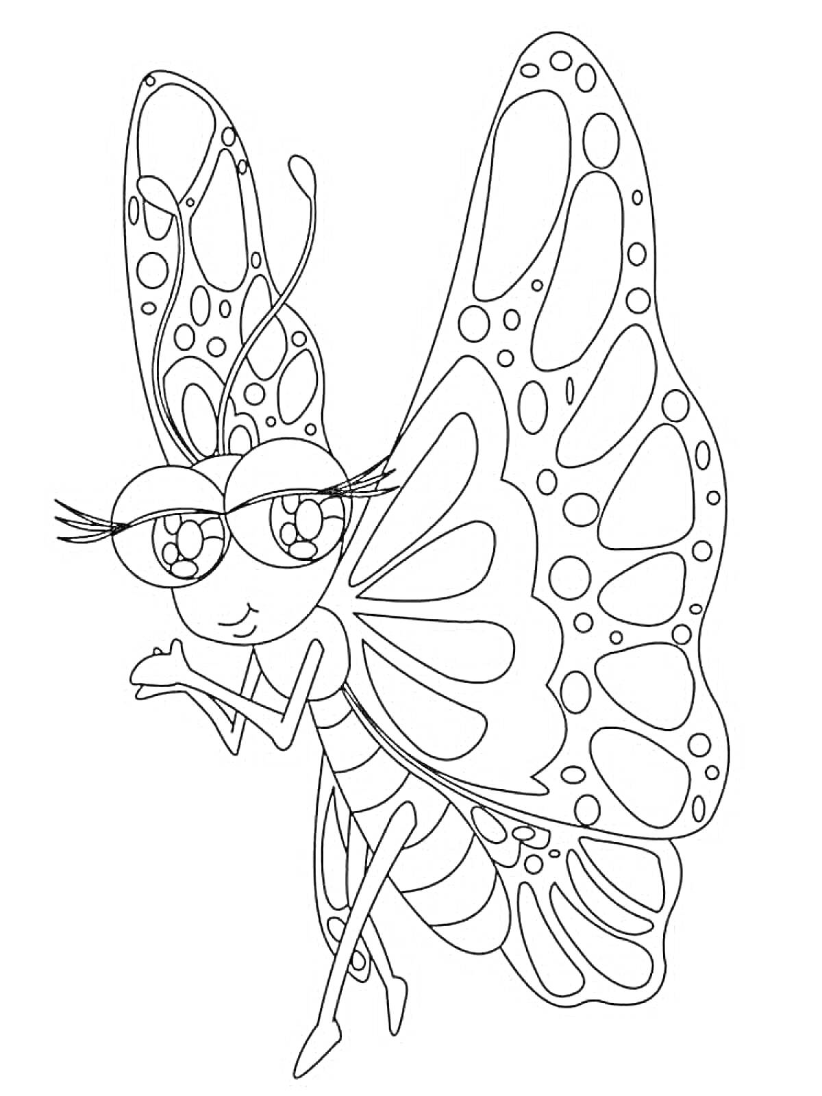 На раскраске изображено: Бабочка, Крылья, Ресницы, Насекомое, Мультипликационный персонаж, Контурные рисунки