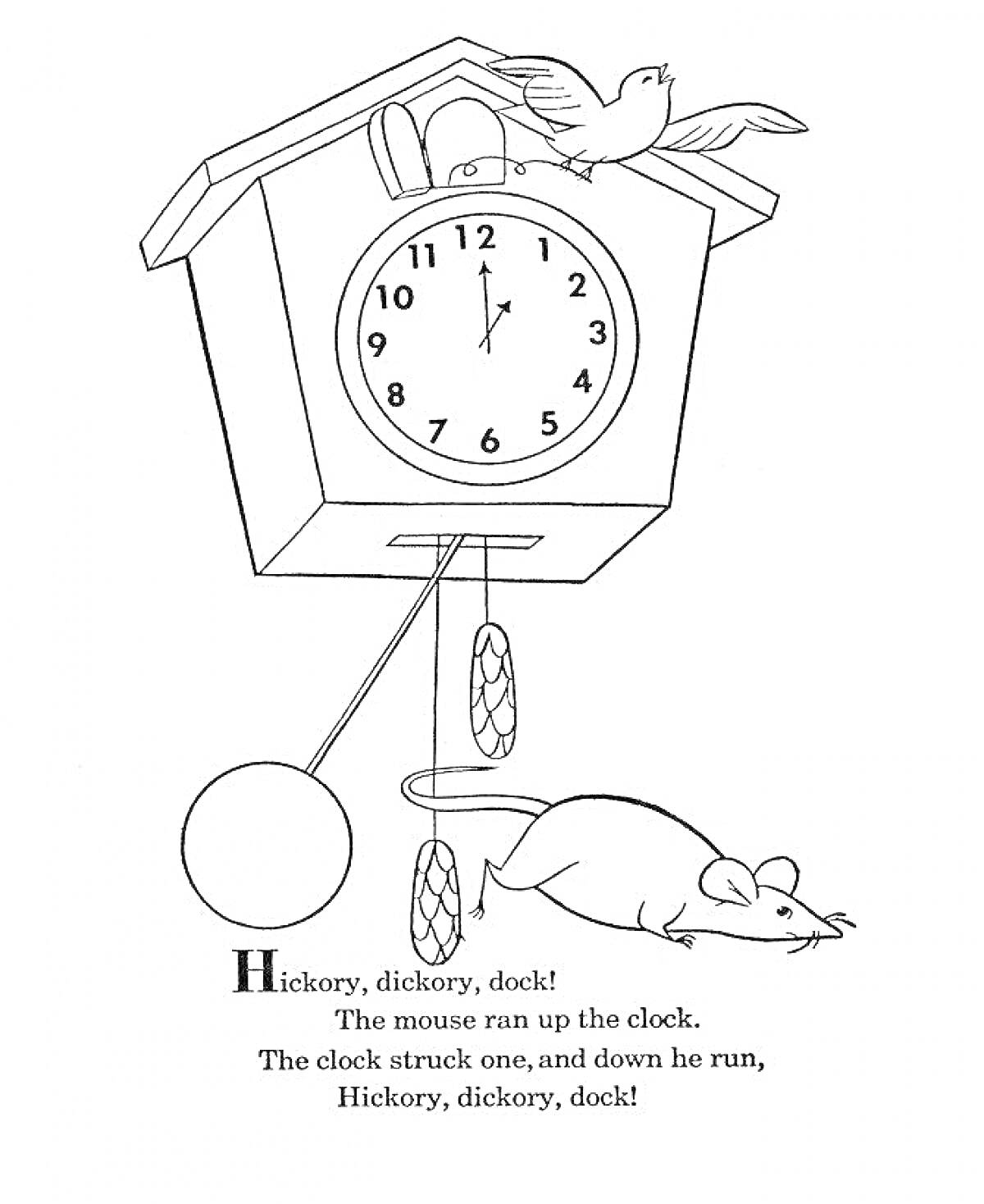 На раскраске изображено: Часы, Кукушка, Птица, Мышь, Маятник, Стихотворение