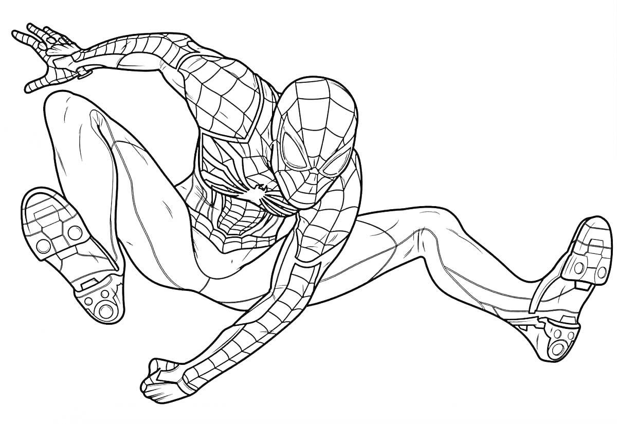 Раскраска Человек паук в динамичной позе с паутиной на костюме и детализированными ботинками