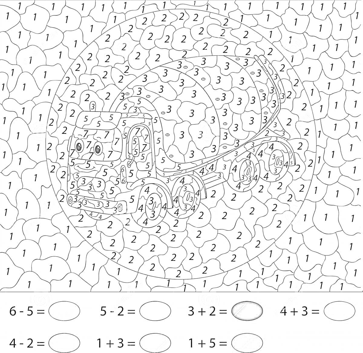Раскраска Раскраска по номерам с изображением бетонной машины и задачами по математике