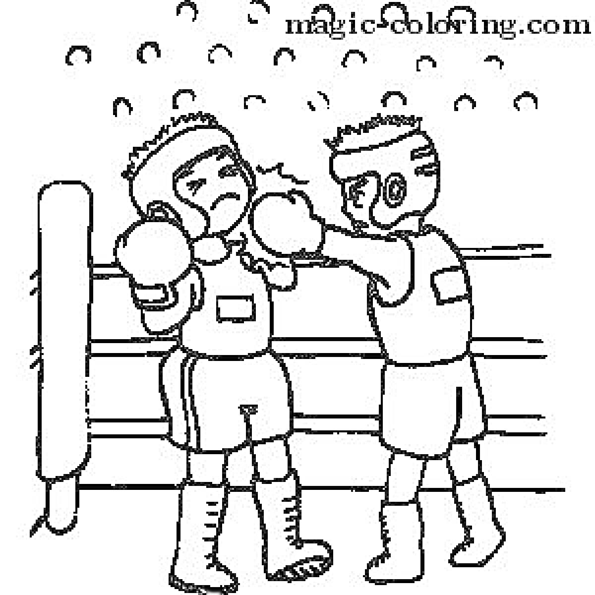 Раскраска Два боксера в ринге, один наносит удар другому возле канатов